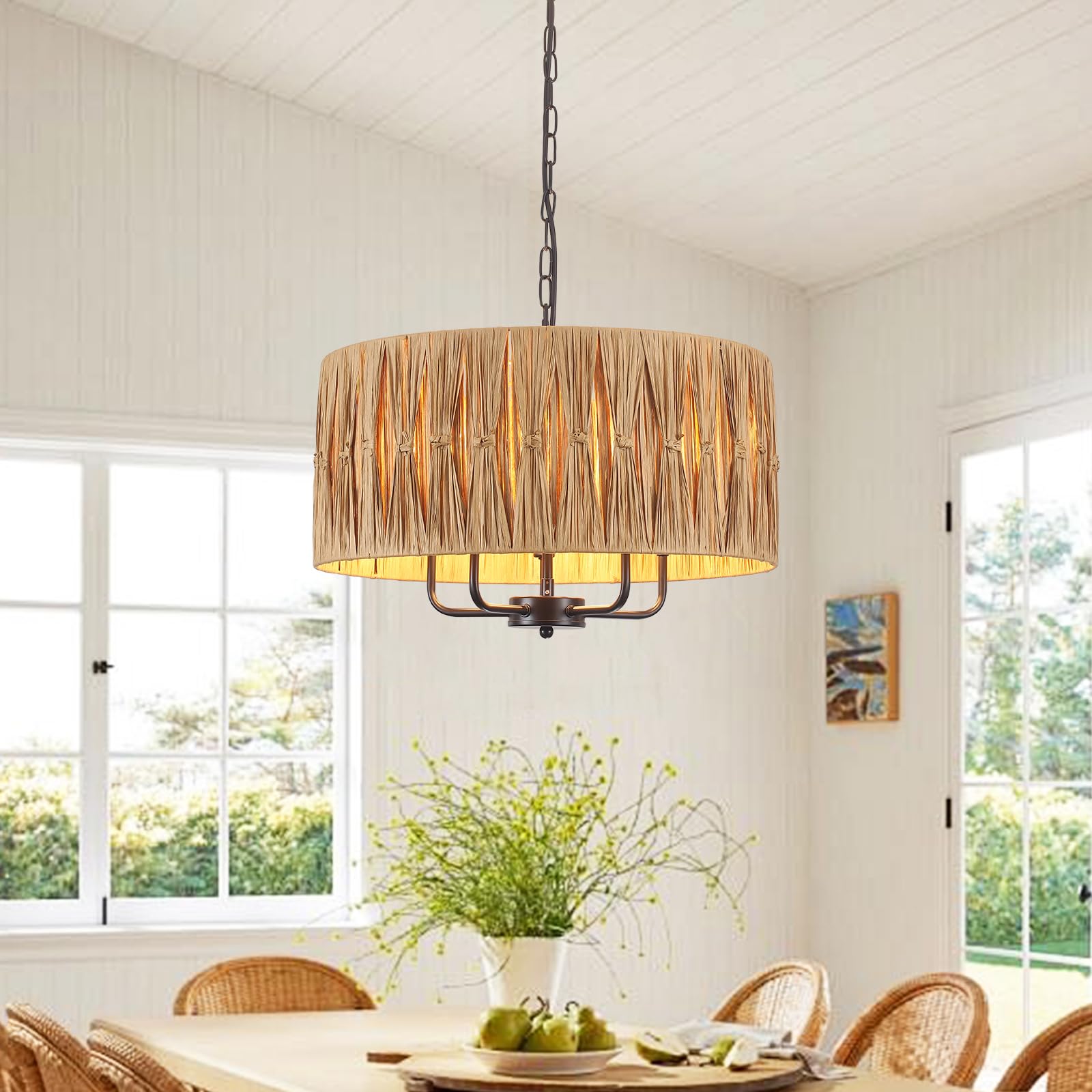 Rattan Chandelier for Dining Room Light Fixture 5-Light Large Farmhouse Hand Woven Boho Chandelier with Wicker Shade Coastal Pendant Light Drum Chandeliers for Living Room Kitchen Island Entryway