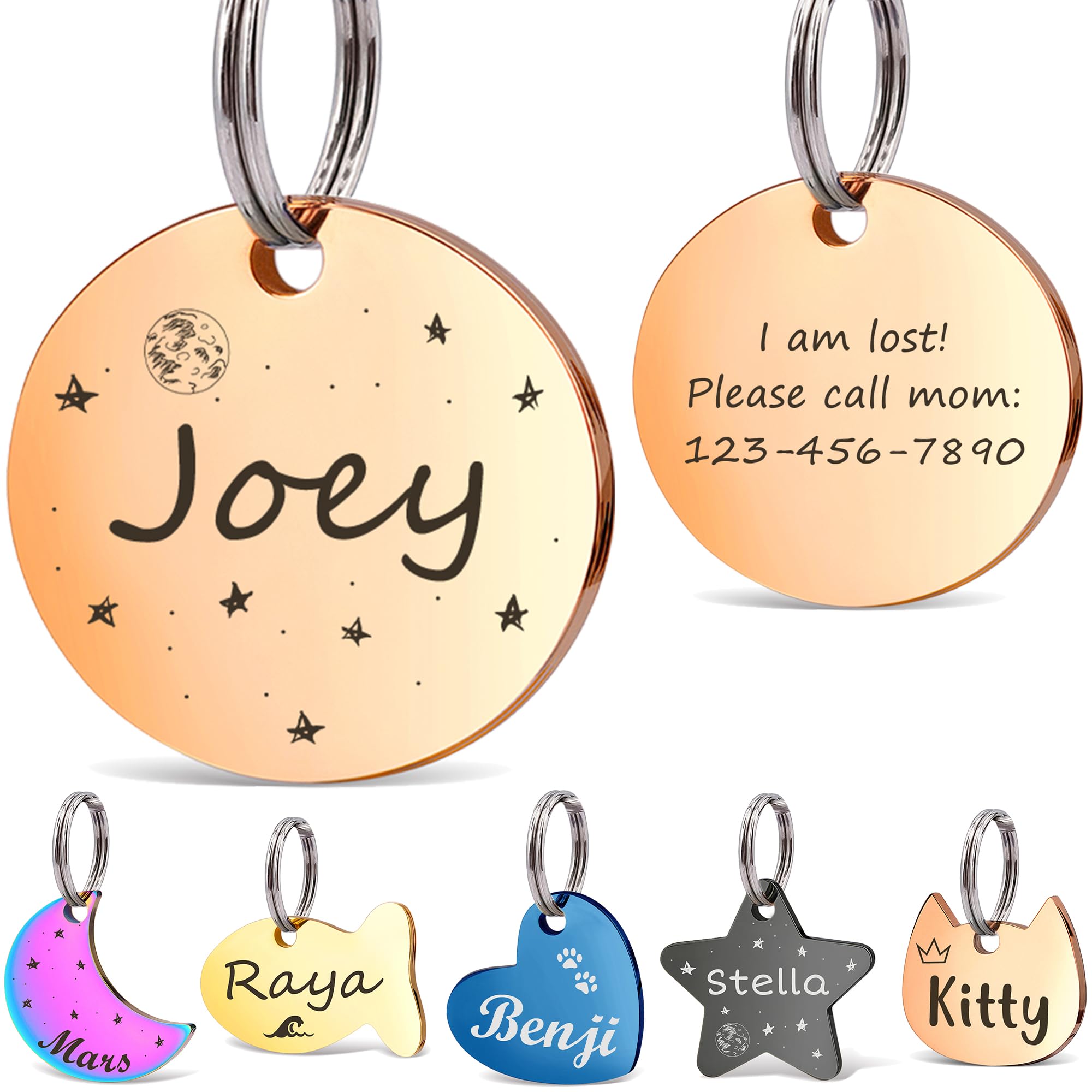 Anavia Small Size Dog Cat ID Tags, Small/XS Personalized Color Plated Stainless Steel Puppy Kitten Name Tags, Customized Engraved Nameplate Pet Collar Tag (Rose Gold, Round)