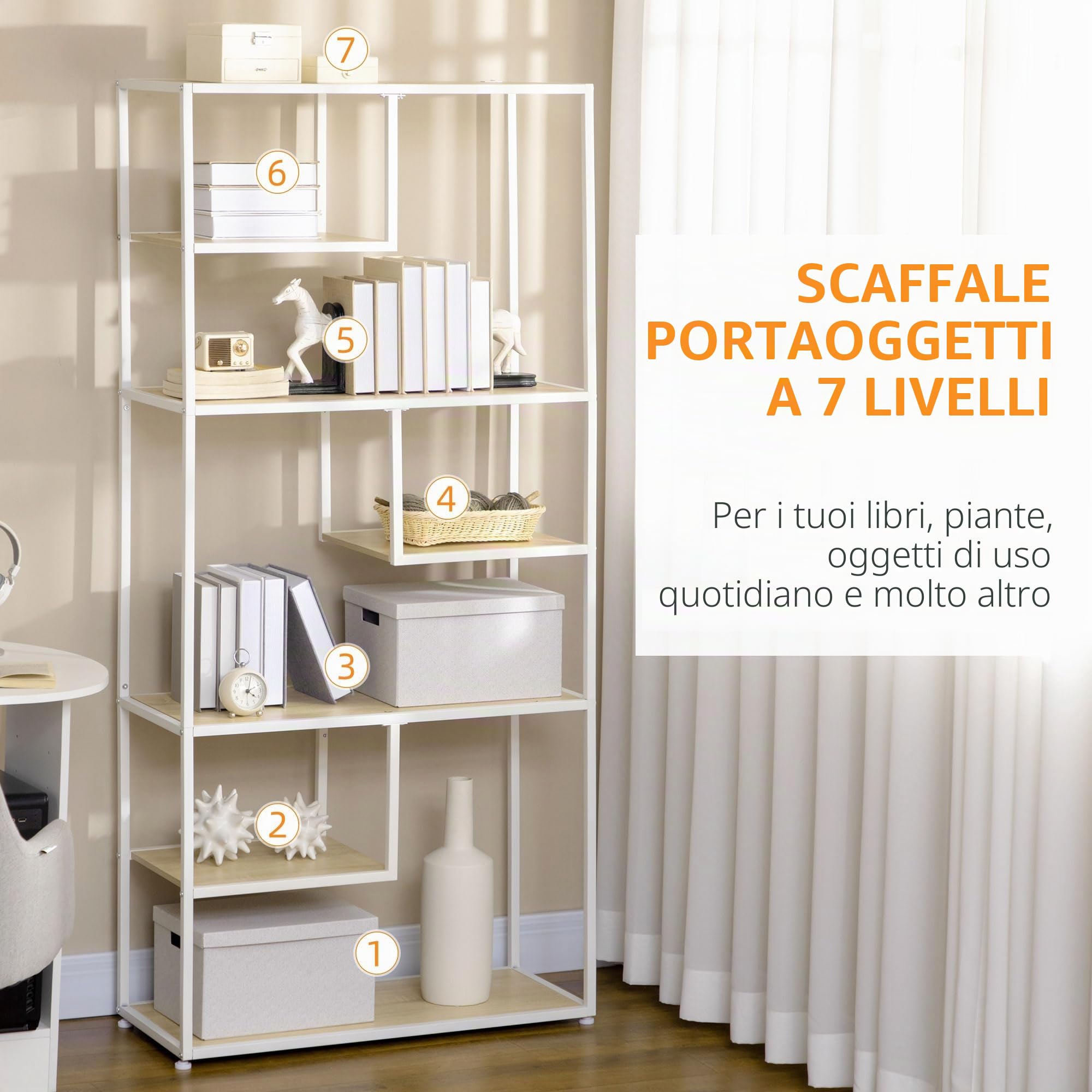 HOMCOM Scaffale per libri a ripiani 7 livelli 83x34x180 cm | Telaio in acciaio, Stile industriale, per soggiorno, camera da letto, cucina