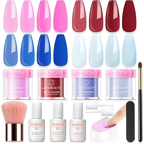 AzureBeauty Dip Powder Nail Kit, Pinkish Blue Ombré 4 Colors Upgraded Brush One-Step Dipping Powder with Base & Top Coat Activator for French Nail Art Manicure Salon DIY at Home
