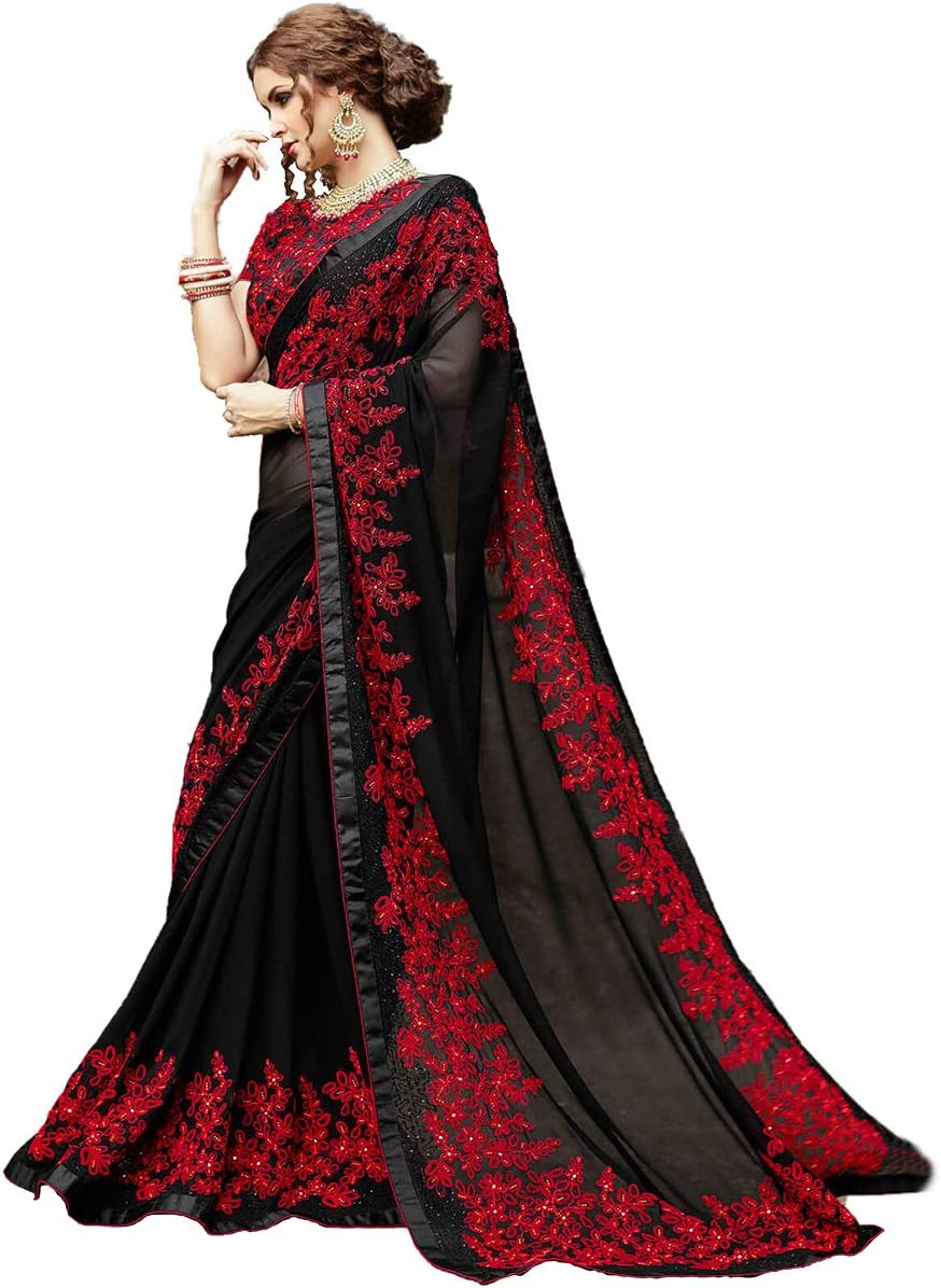 Women's Plain Weave Georgette Saree With Blouse Piece (GF-Black_Tiya_Black)