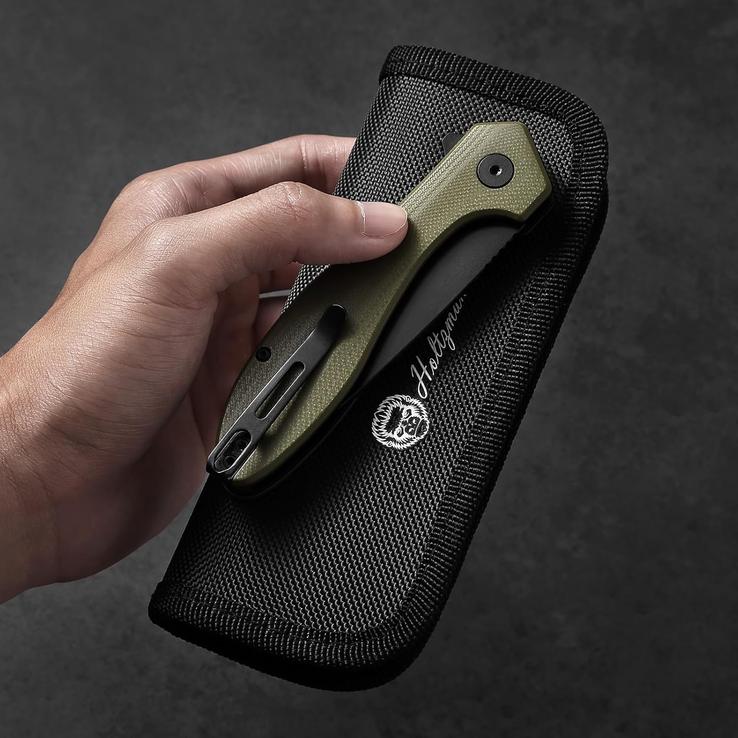 Holtzman's Gorilla Survival Folding Pocket Knife for Men – D2 Steel Blade, G10 Handle – EDC Folding Knife Gift Set with Case & Sharpening Stone (black blade+OD green G10 handle)