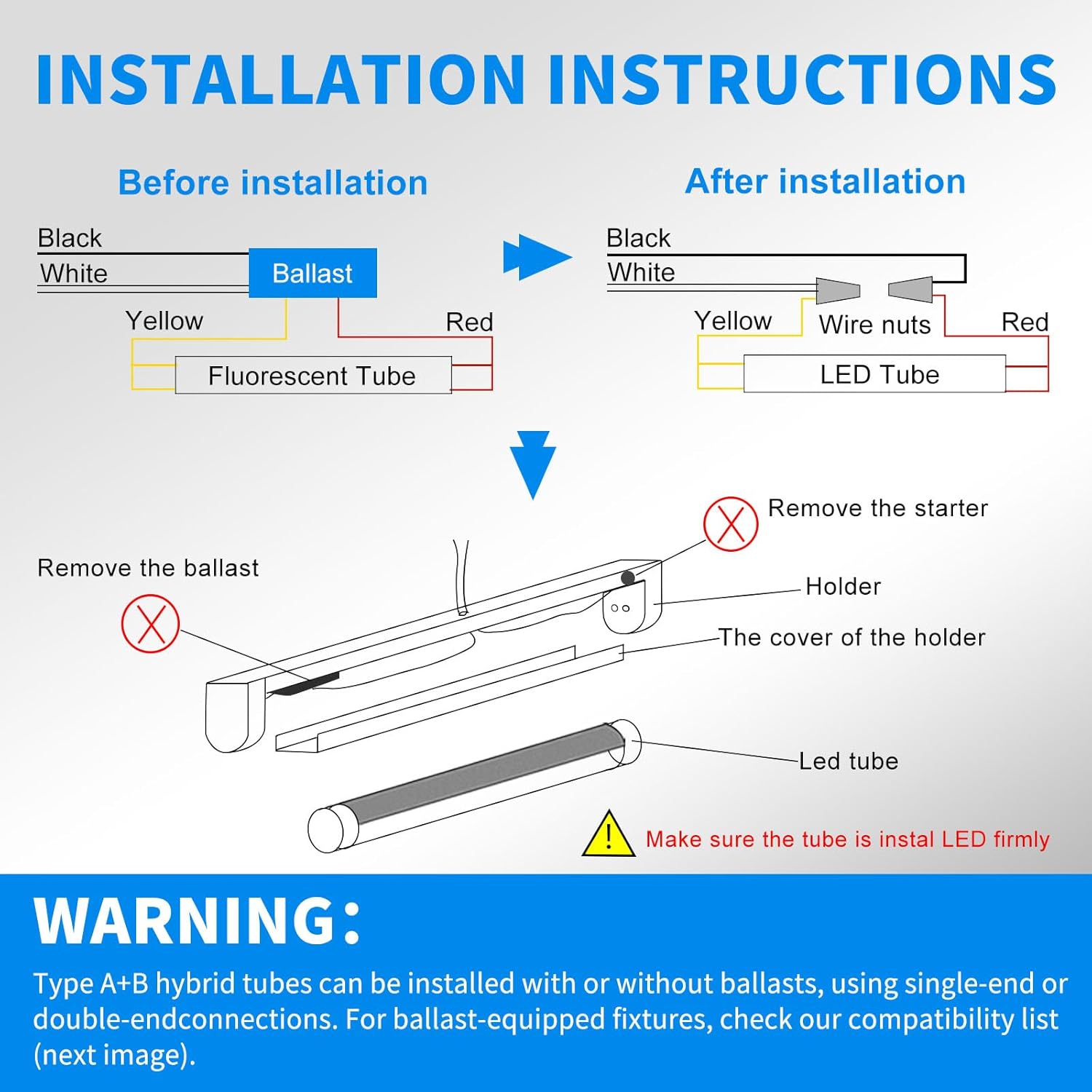 Diagram showing wiring for ballast bypass installation, with 'Before installation' and 'After installation' steps.
