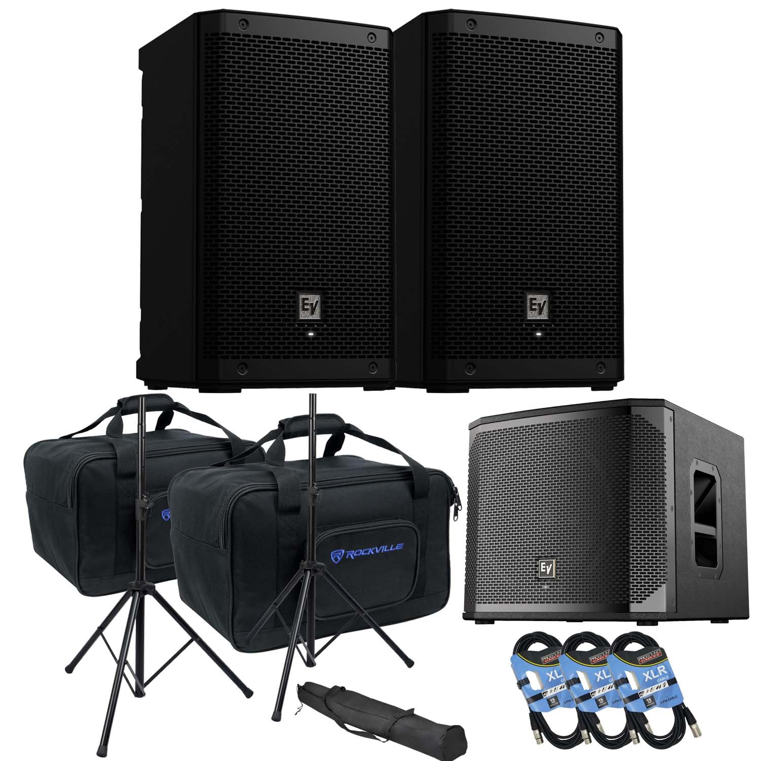 (2) Electro-Voice ZLX-8P-G2 8? 1000W Powered Speaker, (2) Rockville TB8 Bags, EV ELX200-12SP, (2) Speaker Stands, (3) XLR Cables Bundle