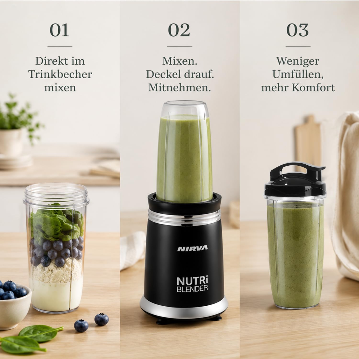 Nirva Smoothie Maker, Standmixer 2 in 1 mit Kaffeemühle, 25000 U/min Elektrischer Mixer für Shakes und Smoothies, 4 Klingen Edelstahlmesser, Personal Blender mit 4 Mixbechern & To-Go Deckel