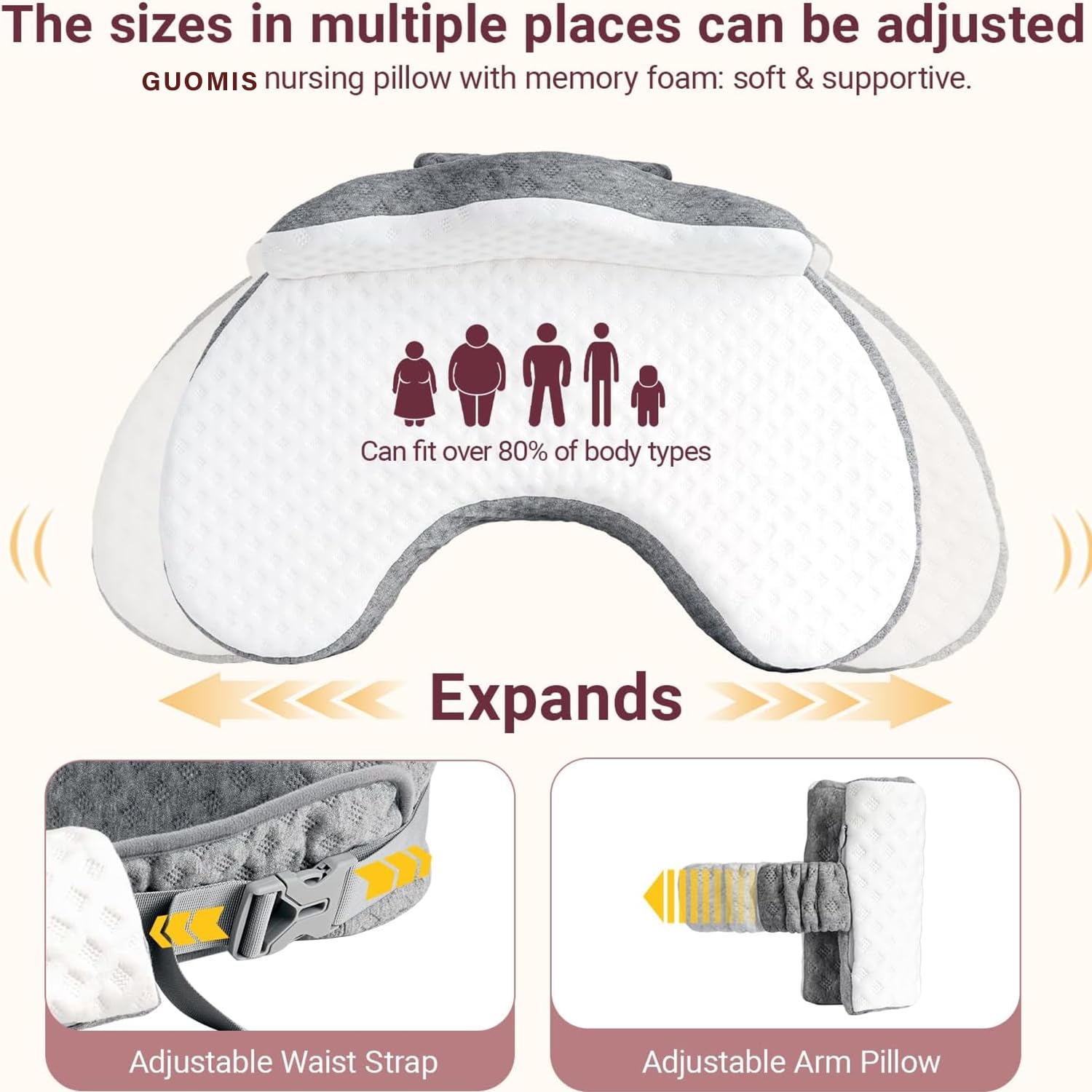 Cuscino Allattamento Neonato,Cuscino per l'allattamento in Memory Foam con rivestimento sfoderabile, progettato ergonomicamente per un comfort universale. (grigio)