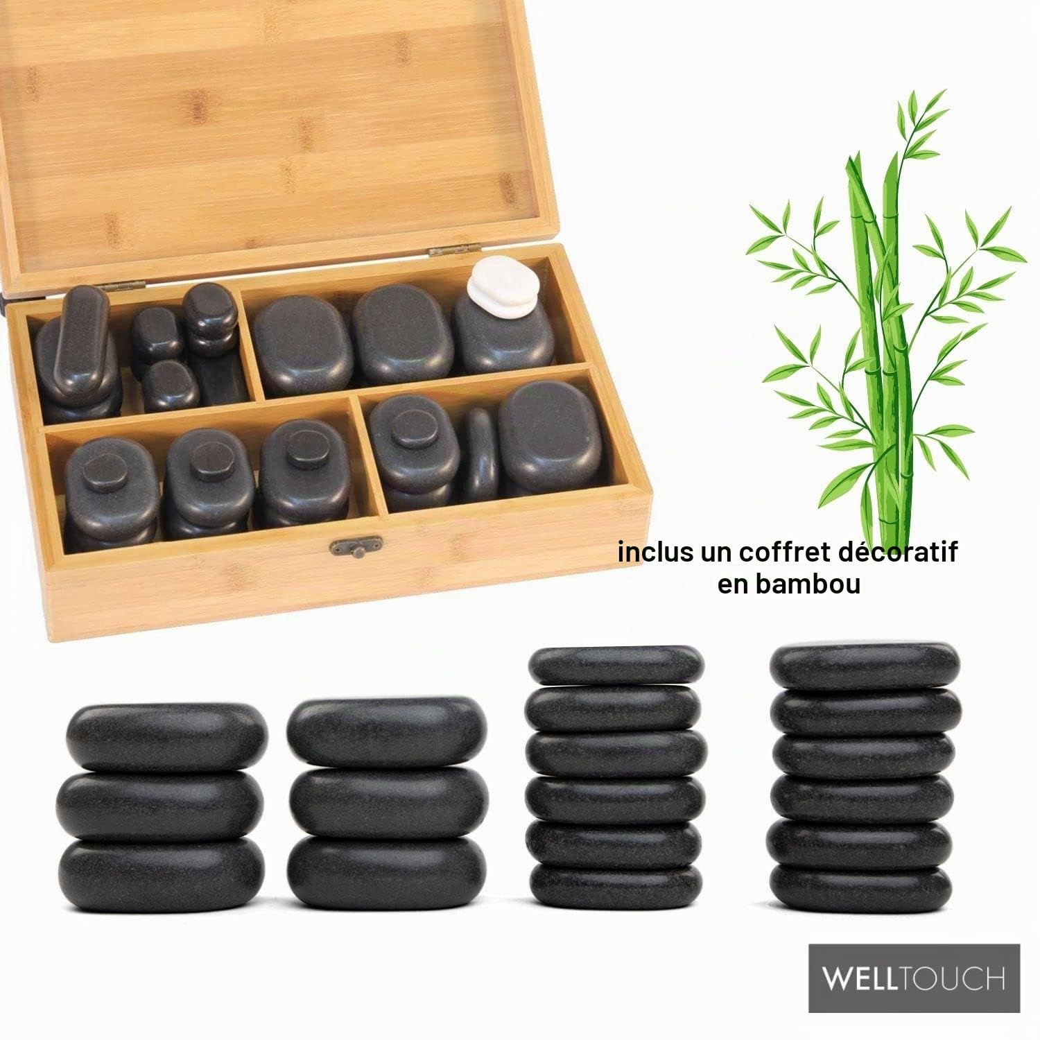 WellTouch Kit massage aux pierres chaudes avec boite décorative en bambou | 40 pierres de massage en basalte | Massage thermique bien-être | massage thérapeutique