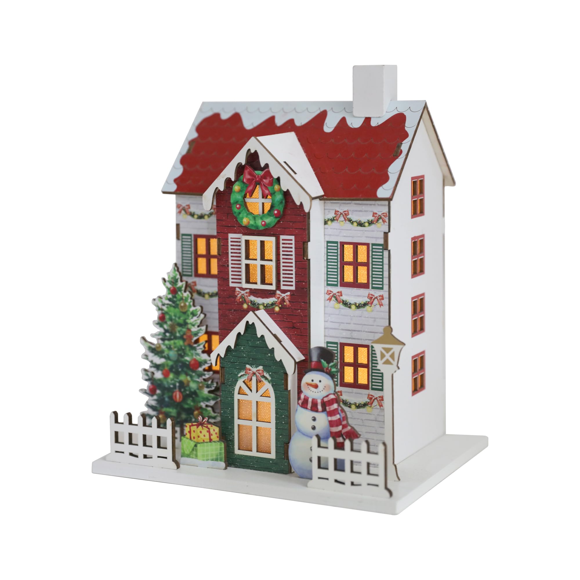 Maison de village de Noël en bois avec lumières LED, 23,5 cm, décoration de vacances rustique, pièce maîtresse de cheminée, décoration festive, bonhomme de neige