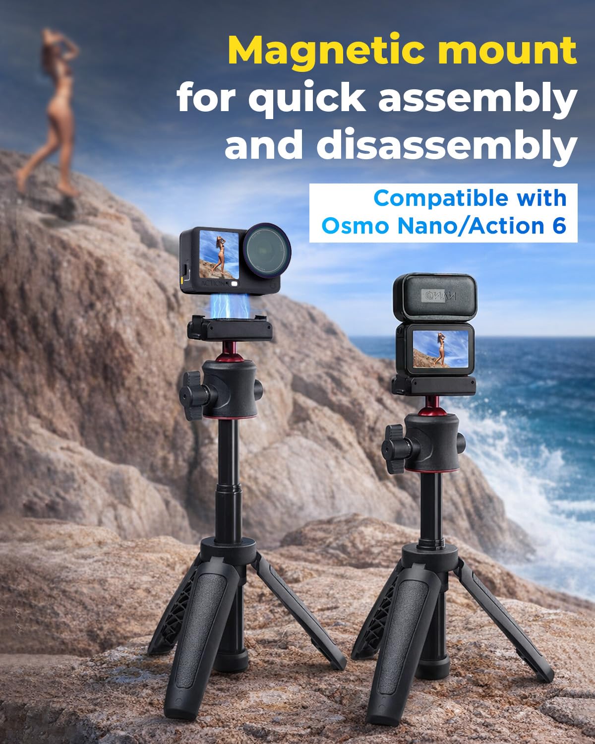 Trípode de palo selfie para DJI Osmo Nano/Action 6, 27,5 cm extensible selfie monopod, cierre rápido magnético, palo selfie con cabeza de bola de 360°, soporte de vlogging/accesorios — view 2