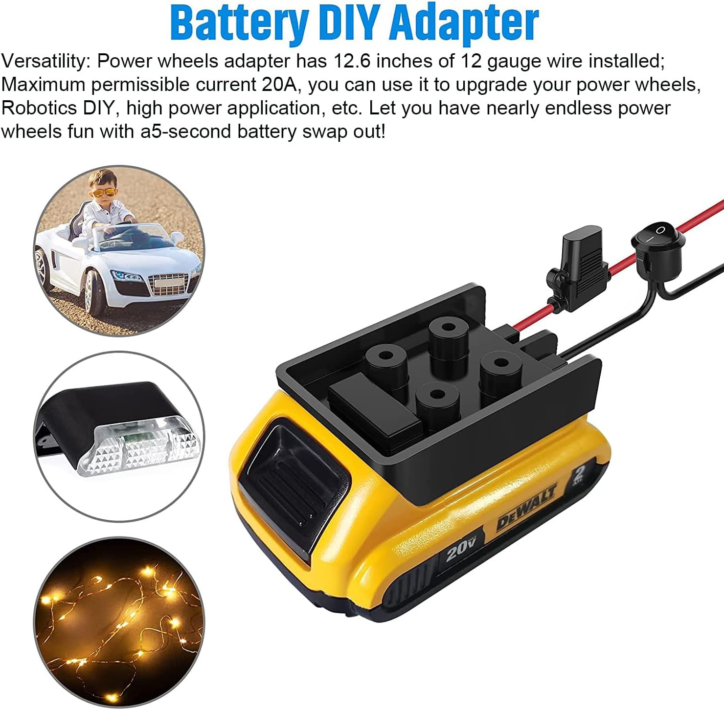 Power Wheel Adapter with Fuse & Switch, Secure Battery Adapter for Dewalt 20V Lithium Battery, with 12 Gauge Wire, Good Power Convertor for DIY Ride On Truck, Robotics, and Work Lights, 2 Pack