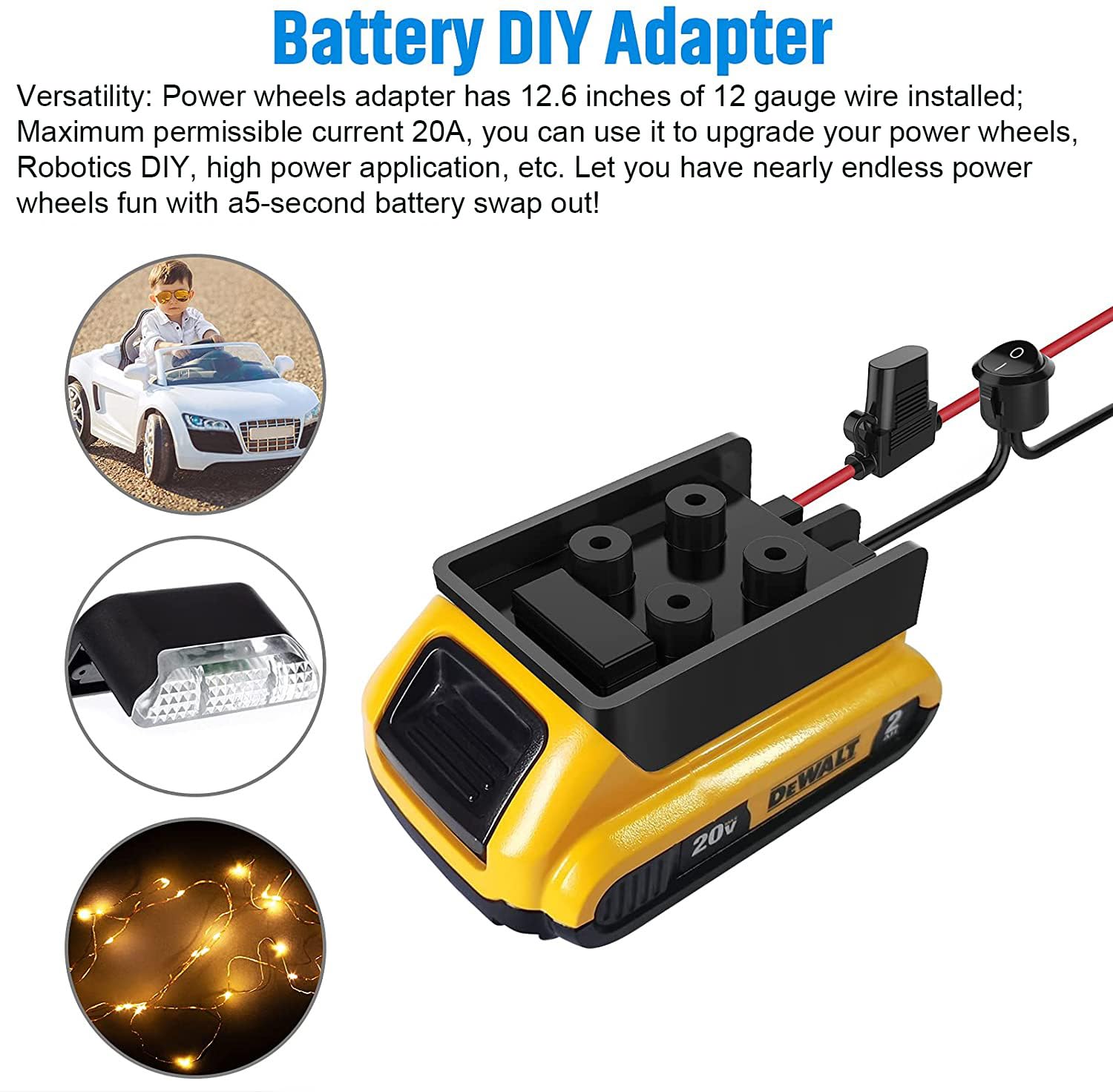 Adaptador de rueda eléctrica con fusible e interruptor, adaptador de batería seguro para batería de litio Dewalt de 20 V, con cable de calibre 12, buen convertidor de energía para camión, robótica y