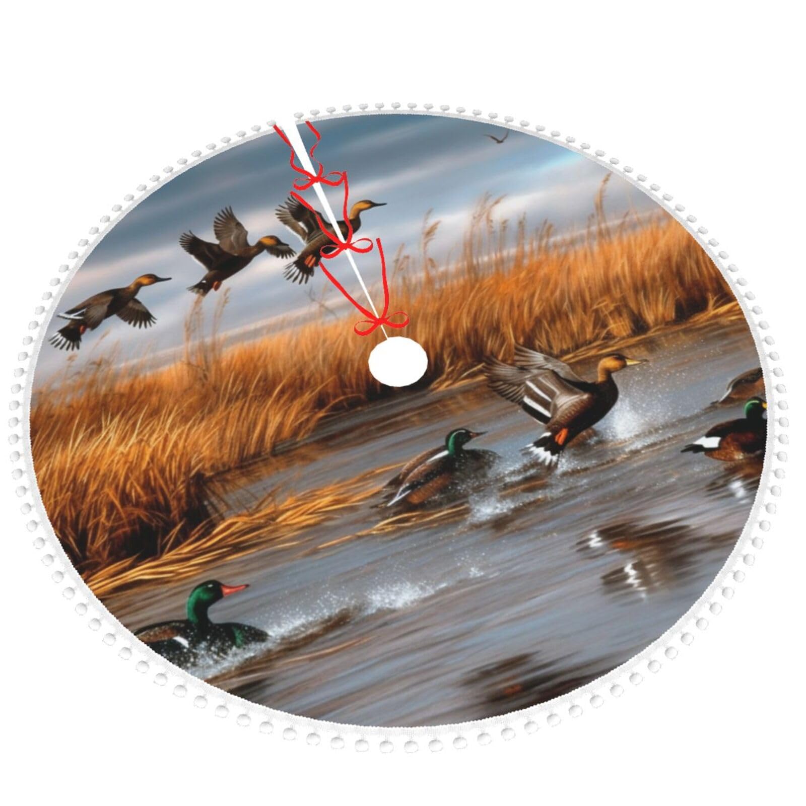 Jagd fliegende Wilde Ente 2 bedruckte Weihnachtsbaumdecke mit Pompon, 122 cm Weihnachtsbaumröcke, Matte, Dekoration für Zuhause, Garten, Büro, Urlaub, Party