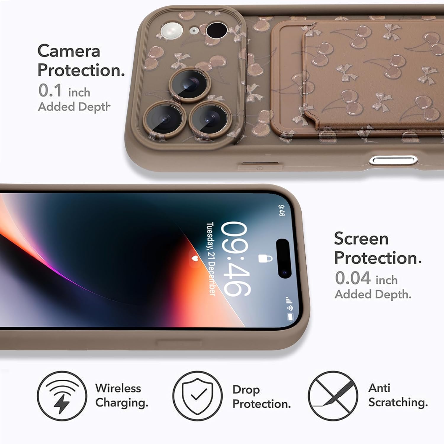 MOWIME Compatible with iPhone 17 Pro Max Case with Card Holder, Bow Cherry Shockproof Soft TPU Protective Cover Women Girls, Anti Scratch Wallet Case for iPhone 17 Pro Max 6.9 Inch, Brown - Image 7