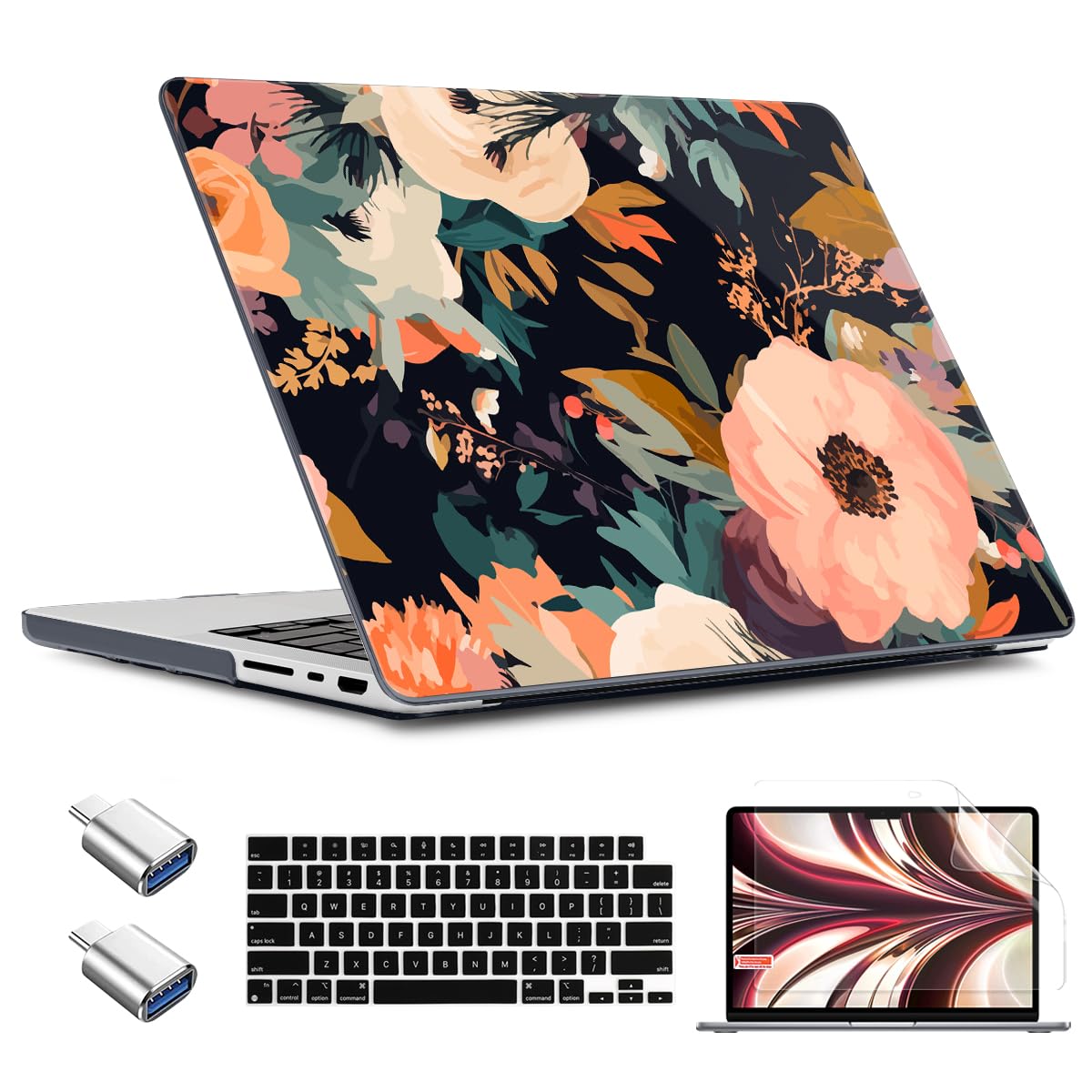 TWOLSKOO for MacBook Pro 16 inch Case M4 A3403 A3186 M3 A2991 M2 A2780 M1 A2485 (2024-2021) Pro/Max, Plastic Hard Shell & Keyboard Cover & Type C Adapter & Screen Protector, Bright Abstract Flower