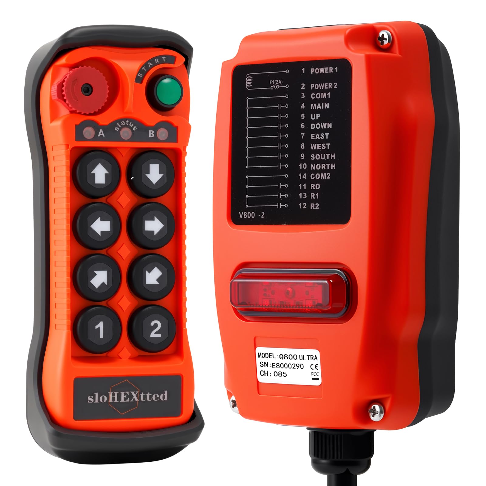 Telecomando industriale wireless a 8 pulsanti per gru e paranco elettrico 12-24V | Trasmettitore e ricevitore radio per paranco elettrico a catena e carroponte con pulsante di arresto di emergenza.