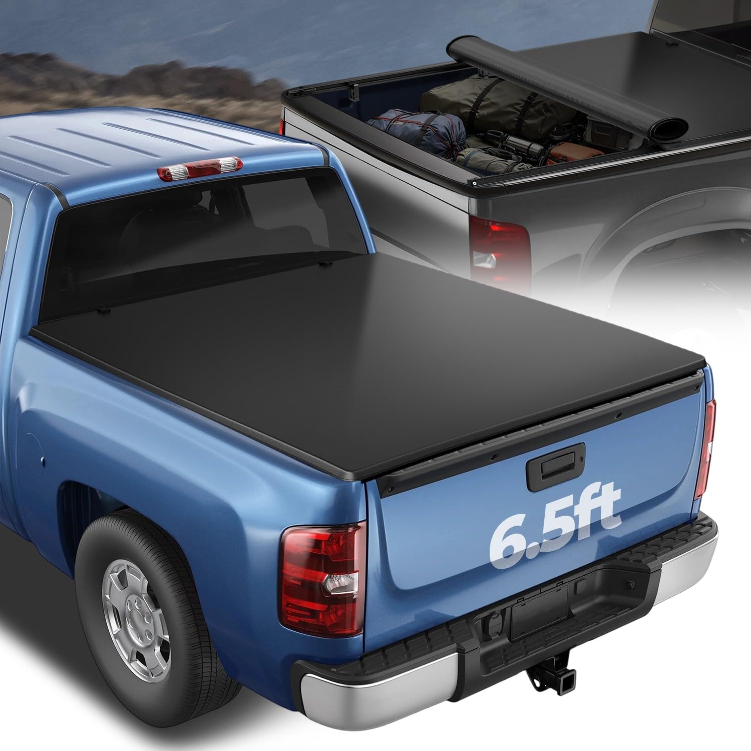 Soft Roll-up Truck Bed Tonneau Cover Compatible with 2007-2014 Chevy Silverado GMC Sierra 1500 2500HD 3500HD 6.5Ft Fleetside Bed, Matte Black Soft Vinyl Top