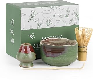 SERENITYINEVERYSIP Handcrafted Japanese Matcha Set - Mineral Glaze Tea Bowl with Spout, Bamboo Whisk, Scoop & Holder | 4pc Forest Glow Tea Ceremony Kit