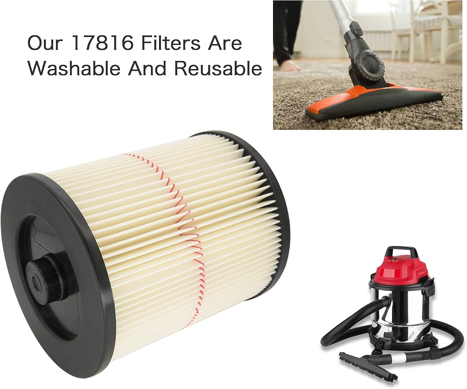 9-17816 Filter for Craftsman Shop Vac Filter 17816 Replacement Red - Stripe Filter 9-17816 Wet/Dry Air Filter Replacement Part fit 5 Gallon & Larger Vacuum Cleaner 917816 Cartridge Filter