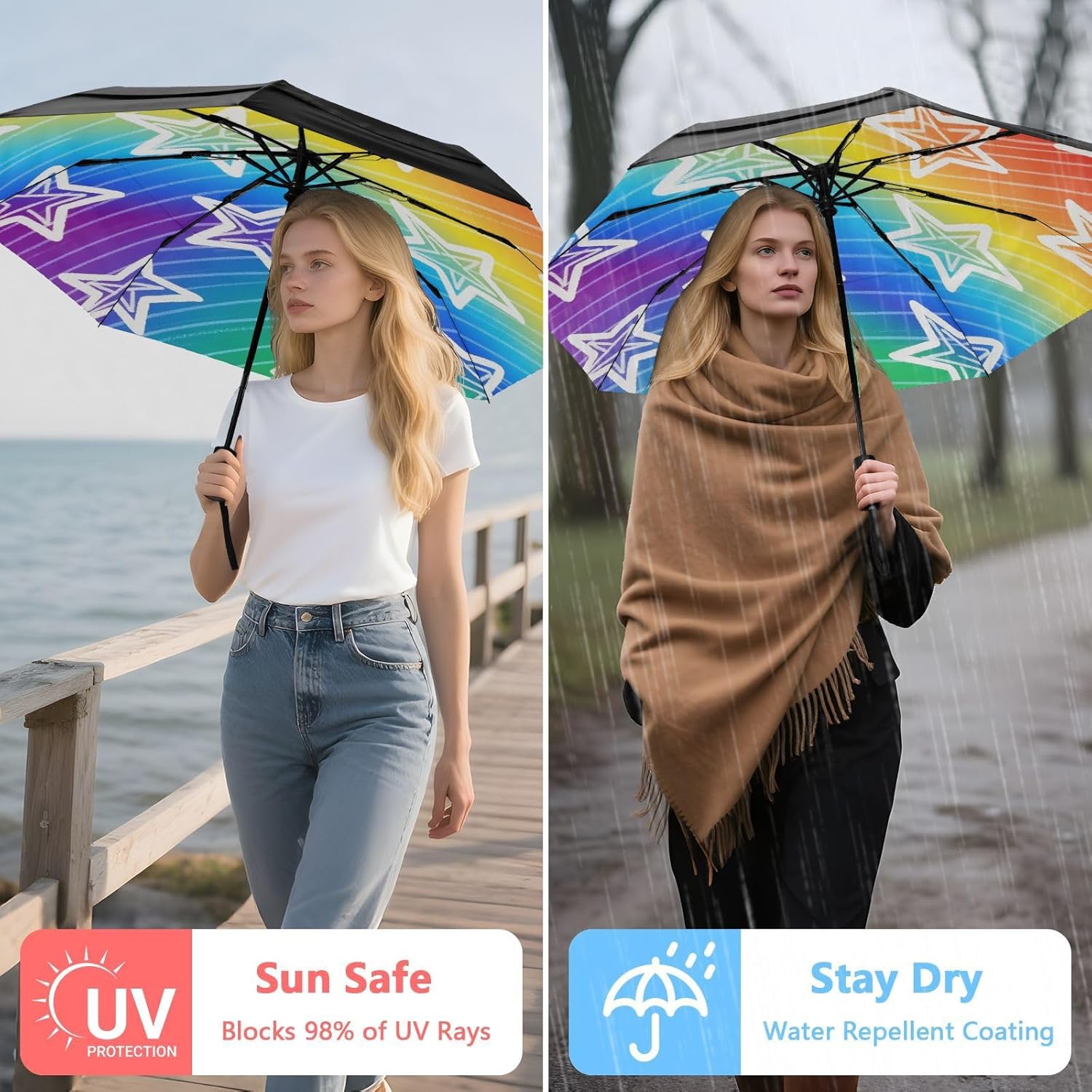 Colorful Stars Wind Proof Umbrella Compact Foldable Umbrellas for College Dorm Fits Backpack