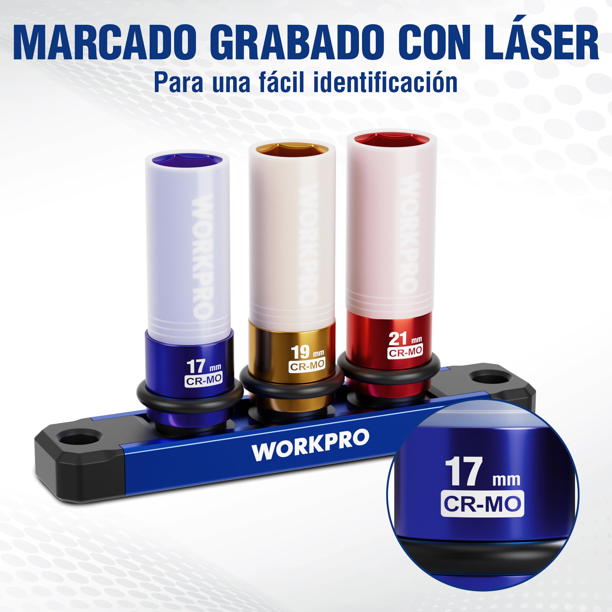 WORKPRO Pack 3 Vasos Impacto 1/2" con Protector Llantas, 17/19/21mm, CR-MO | Protectores Desmontables y Anillos de Caucho para Reparación y Mantenimiento de Ruedas de Automóviles