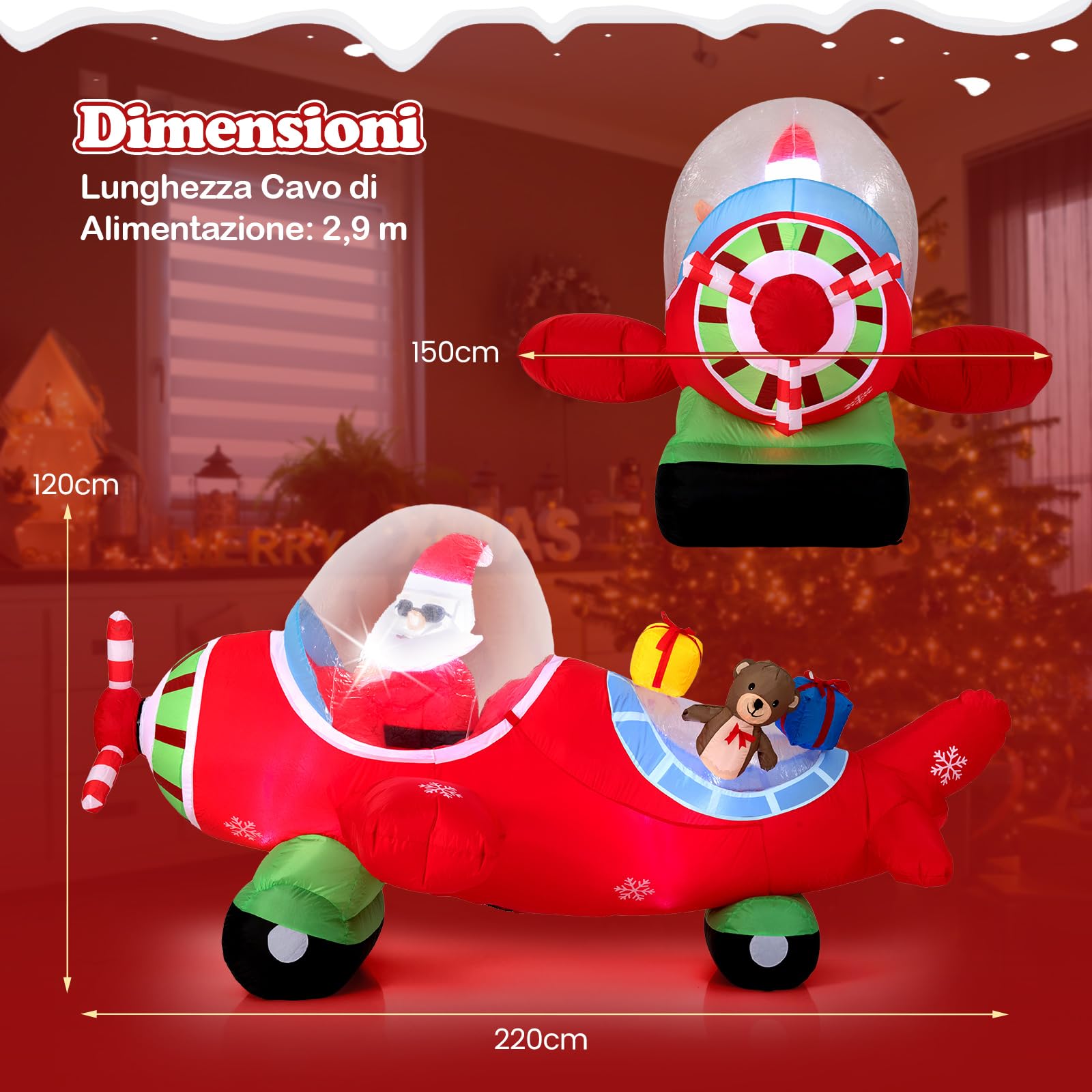 COSTWAY Babbo Natale Gonfiabile su Aereo 120 cm, Decorazione Natalizia da Esterno con Orsetto, Scatole Regalo e Luci LED, Decorazione Gonfiabile Invernale per Festa, per Giardino, Cortile e Casa
