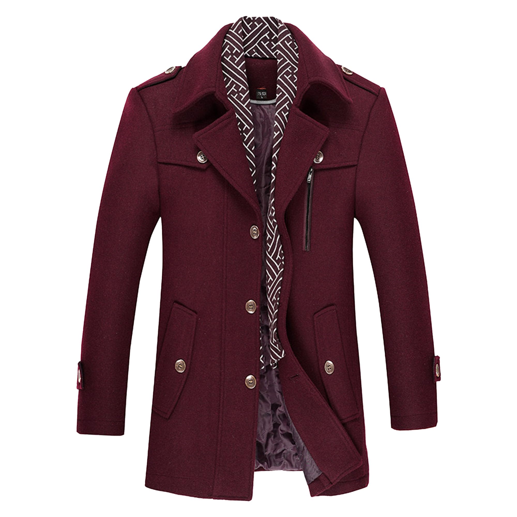 Men's Stylish Scarf Wool Walker Coat Casual Single Breasted Wool Blend Coats Chunky Warm Winter Trench (Red,Medium)