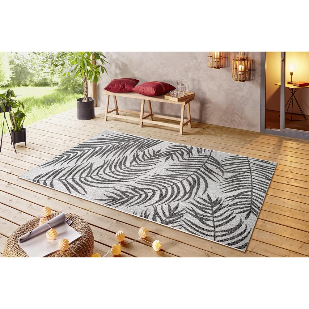 NORTHRUGS Palmera Tapis d'extérieur (70 x 300 cm, Motif Floral, 100% polypropylène, résistant et Facile d'entretien, résistant aux Rayons UV, Salon, Balcon, terrasse, Jardin) Noir/crème, 70 x 300 cm
