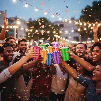 Zubebe 48 Pcs Party Cups with Lids and Straws 12 oz Neon Sipper Summer Plastic Cup Bulk Leak Proof Colorful Reusable for Birthday Event Holiday Favor Halloween Christmas Celebration Supplies 6 Colors