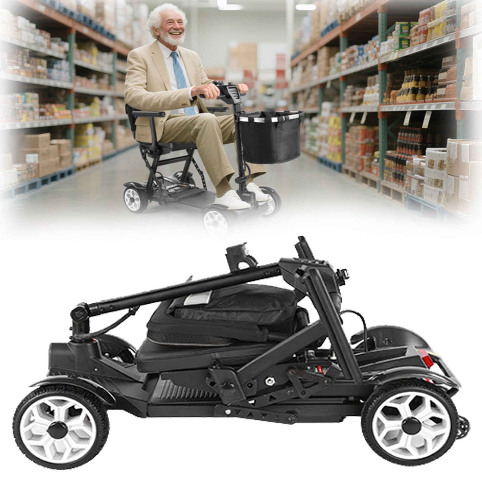 Scooters para Personas Mayores,Scooter De Movilidad De Viaje con Motor De 4 Ruedas,Scooter De Movilidad Plegable,con Batería De Litio Extraíble De 20 AH,Apto para Personas Mayores Black