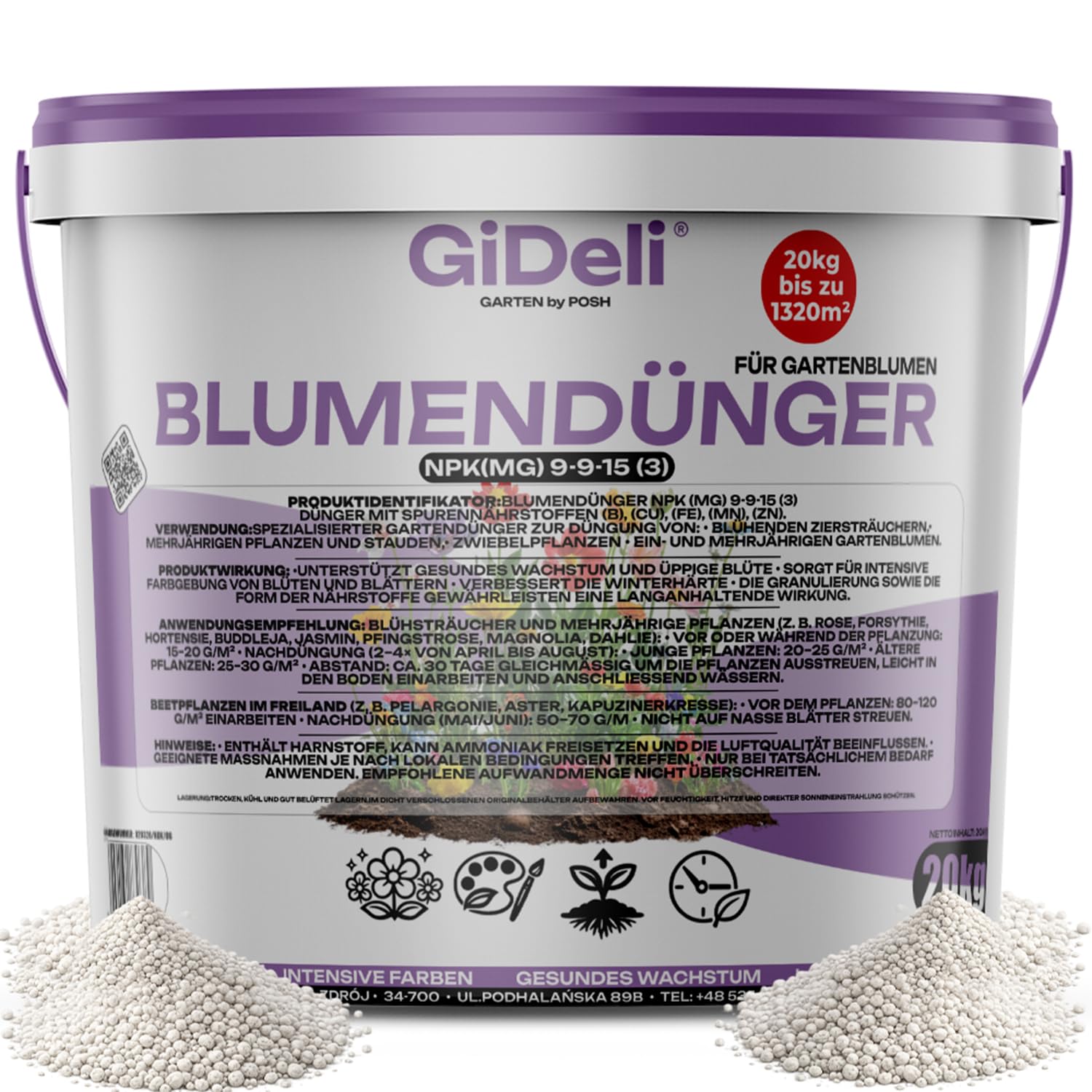 GiDeli Blumendünger 20 kg im Eimer - Hortensiendünger & Rosendünger | Gebinde für Anlagen und Objekte, kalibetont mit Magnesium und Eisen, Granulat für rund 1200 m2 Pflanzfläche