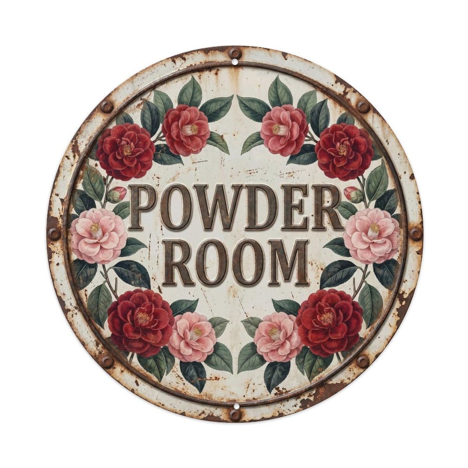 Powder Room Botanical Floral Vintage Label Camellia Metal Tin Sign