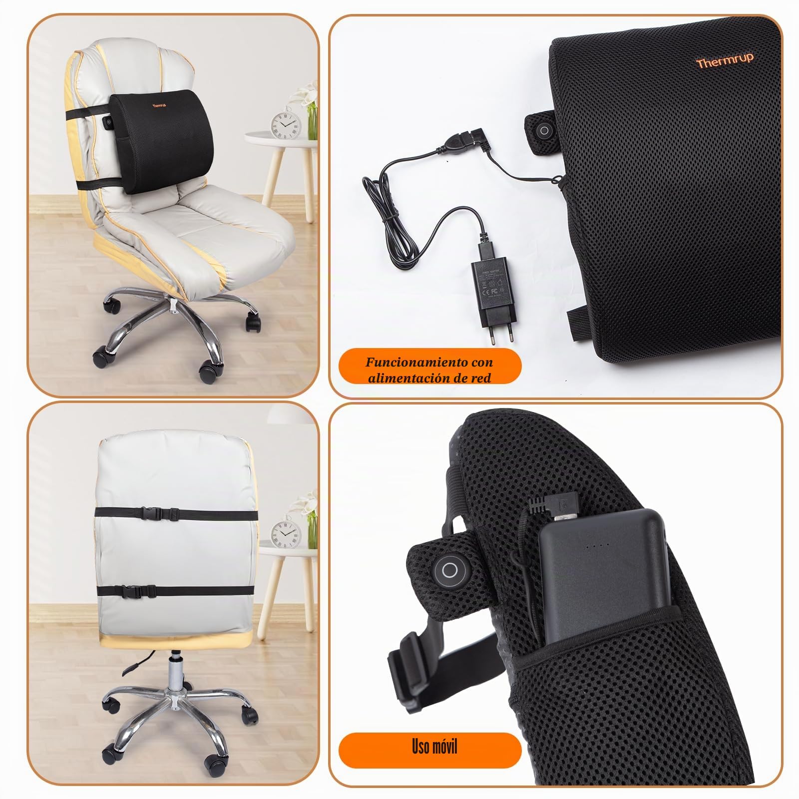 Thermrup Cojín trasero ergonómico con calor infrarrojo lejano, regulación de temperatura de 3 niveles