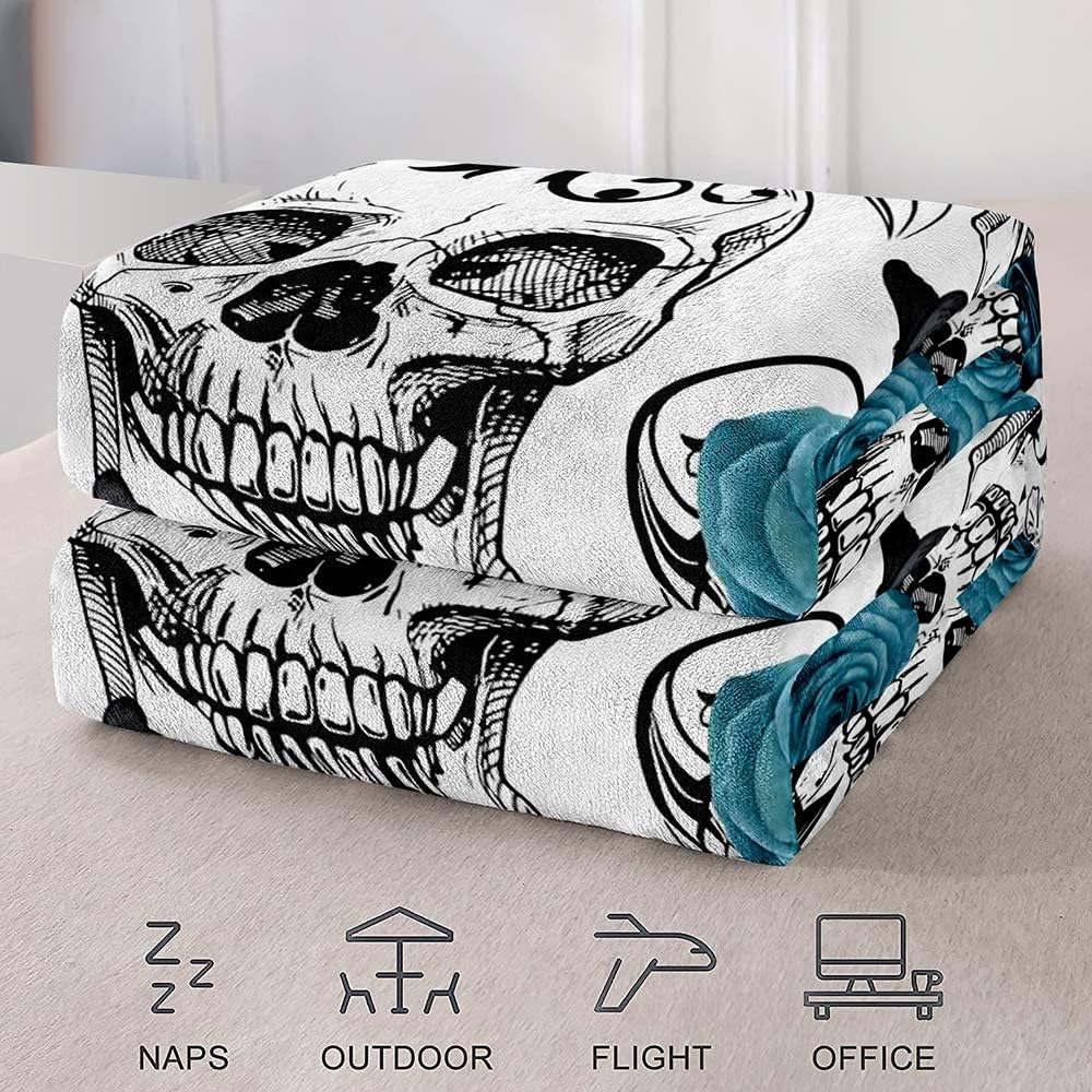 LUVIVIHOME Sugar Skull Throw Blanket - Teal Rose Floral Butterfly Skeleton Goth Blanket, Cozy Soft Lightweight Fluffy Fuzzy Warm Fleece for Couch, Sofa, 50"x60"