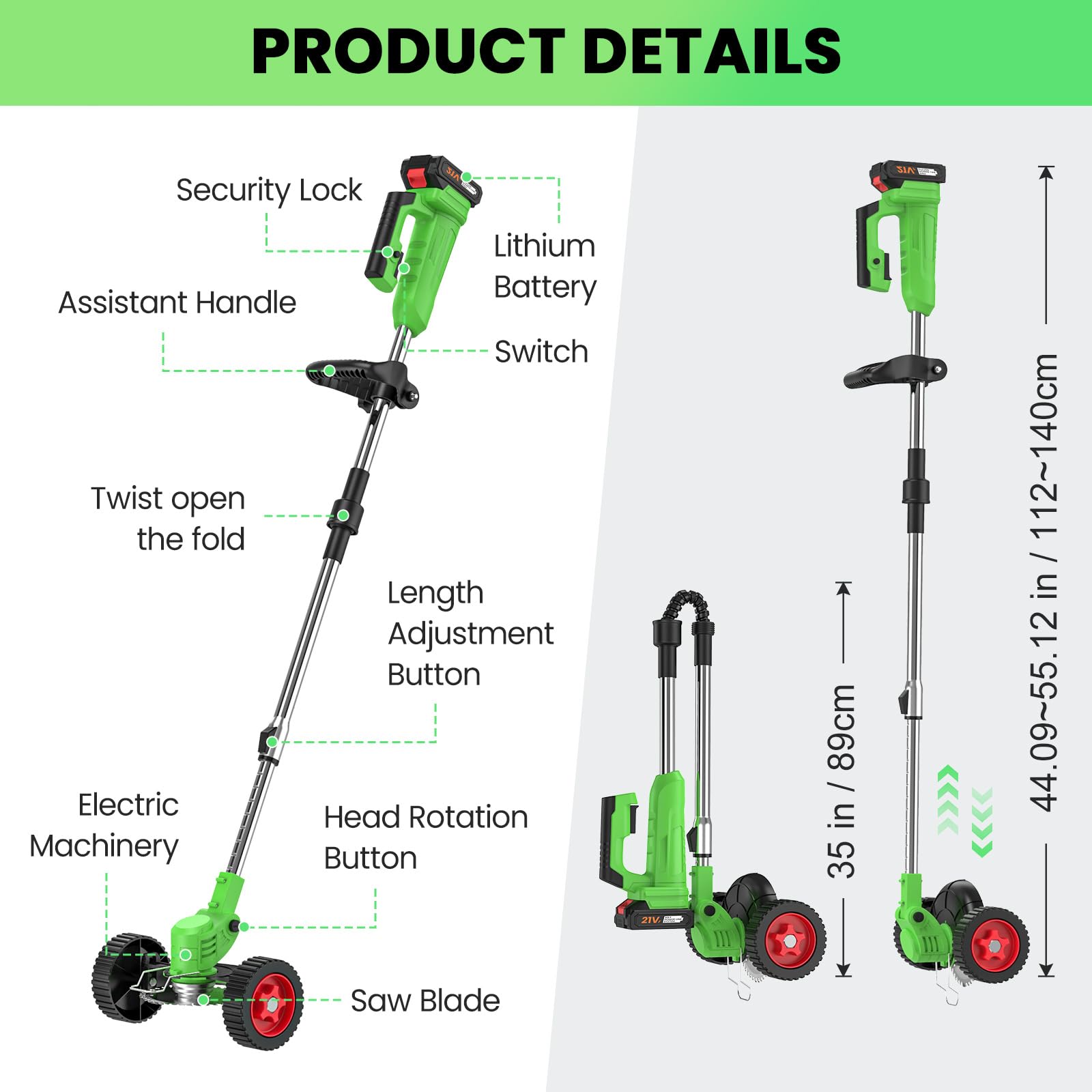 Coupe Bordure sans Fil 800W, Débroussailleuse Électrique Pliable avec roulettes, 2 Batteries 21V Haute Capacité, 4 Types de Lames (Kit 4-en-1), Tête 90° & Manche Réglable, pour Jardin, Pelouse (Vert)