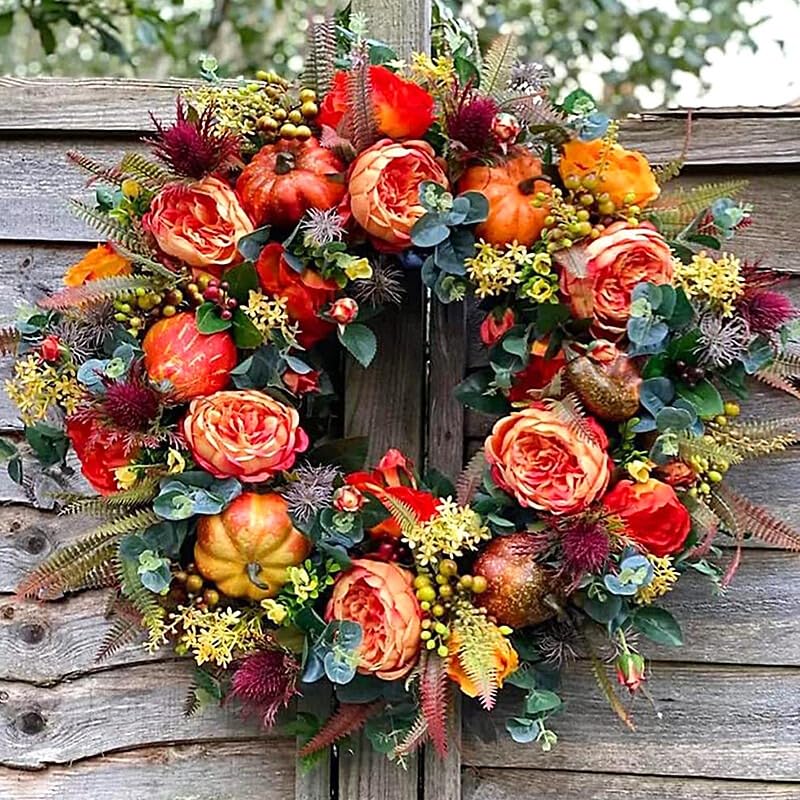 Luxury Fall Peony Pumpkin Wreath - All-Season Farmhouse Front Door Decor Realistic Autumn Leaf and Rattan Wreath Harvest Thanksgiving Welcome Garland (15.7/40cm)