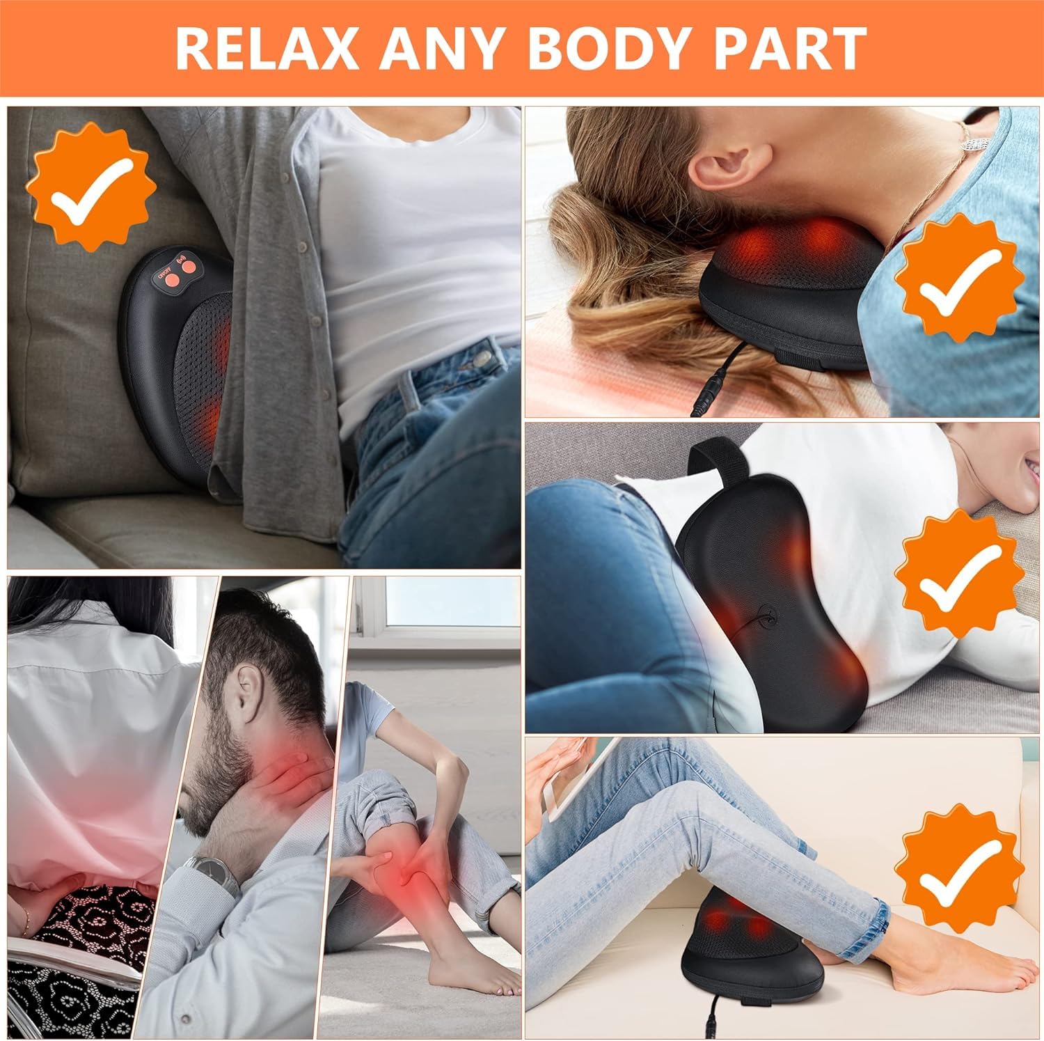 Almohada de Masaje - Diseño Ergonómico, 8 Cabezas Bidireccionales, 3 Velocidades Ajustables, Función de Calor Suave, Ideal para Hogar y Viajes, Incluye Adaptador para Coche y Pared