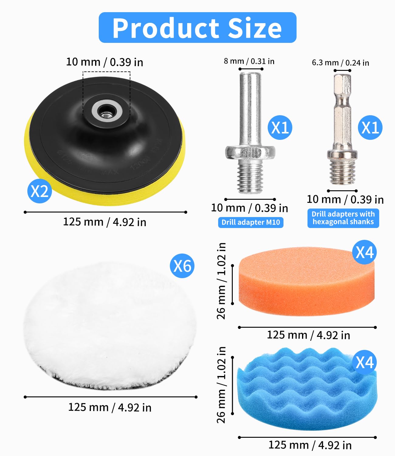 18 Pezzi 125mm Pad Kit di Lucidatura Spugna,Kit Lucidatrici Auto,con Adattatore per Trapano e Cuscinetti per Ceretta in Lana,Set di Tamponi per Lucidatura per Auto,Lucidatrice e Ceretta
