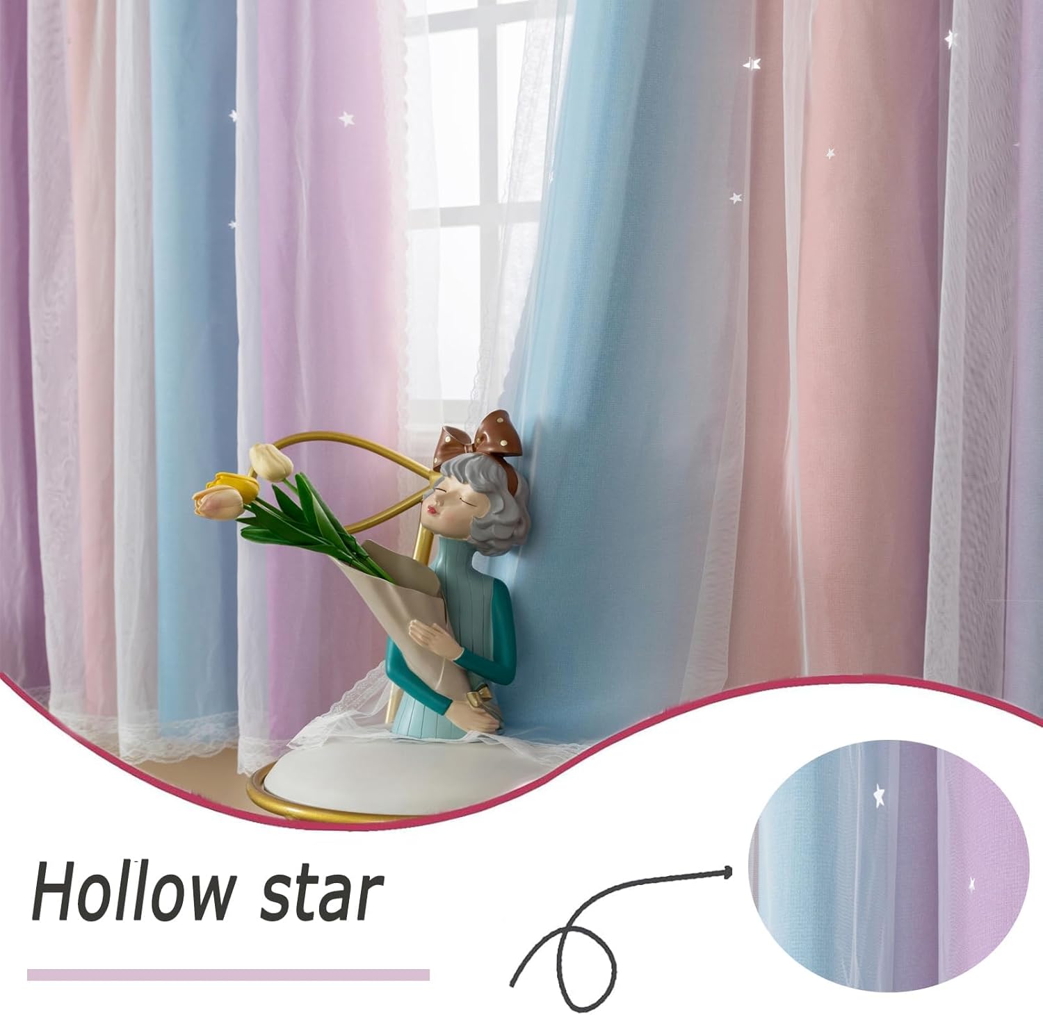 Pink Purple Star Blackout Curtains 63 Inch Length 2 Panels for Bedroom, Thick Grommets Light Filtering Girl Princess Curtain, Top Star Cutout Kids Curtain for Living Room (40W x 63L inch