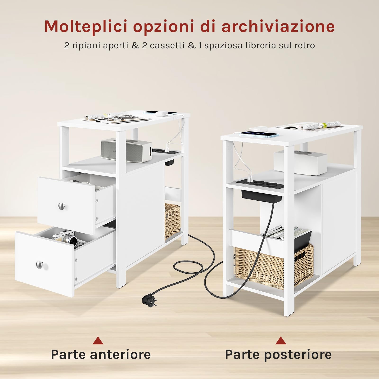 WOLTU Tavolino Stretto con Stazione di Ricarica per Divano, Comodino con 2 Cassetti 2 Ripiani 1 Scomparto, per Soggiorno, Camera da Letto, 60x60x30 cm, Bianco