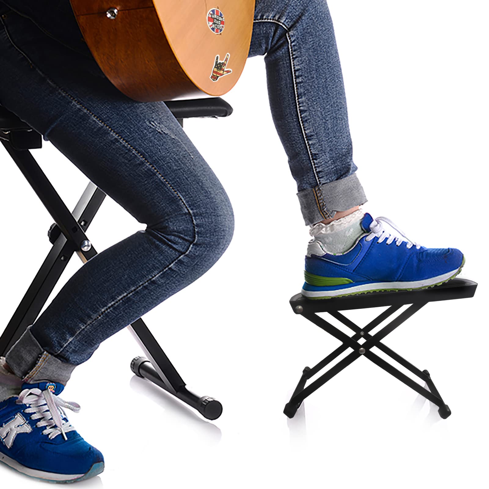 BEZALEL Acoustic Classical Guitar Foot Stool Kit-Adjustable Thicken Guitar Foot Rest Stool with 52Pcs Rock Stickers for Acoustic Electric Guitar Players-Folding Guitar Stool with Stand