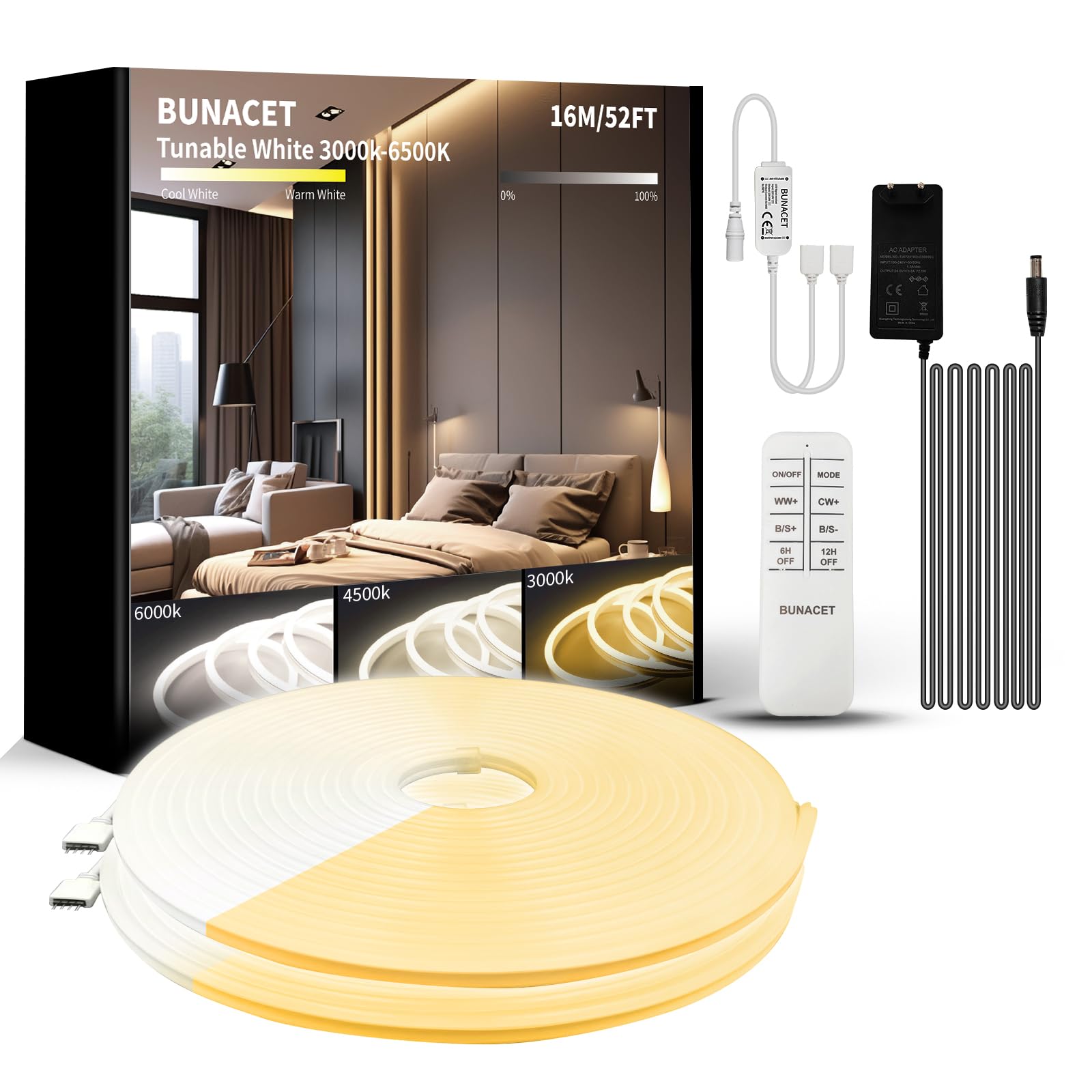 Tira LED Neon 16M Blanca Cálida 3000K-6500K Blanca Frío Tira Luz LED Regulable con Mando Distancia y Fuente Alimentación Luces de Cinta LED Flexible para Cocina, Dormitorio, 2 * 8M