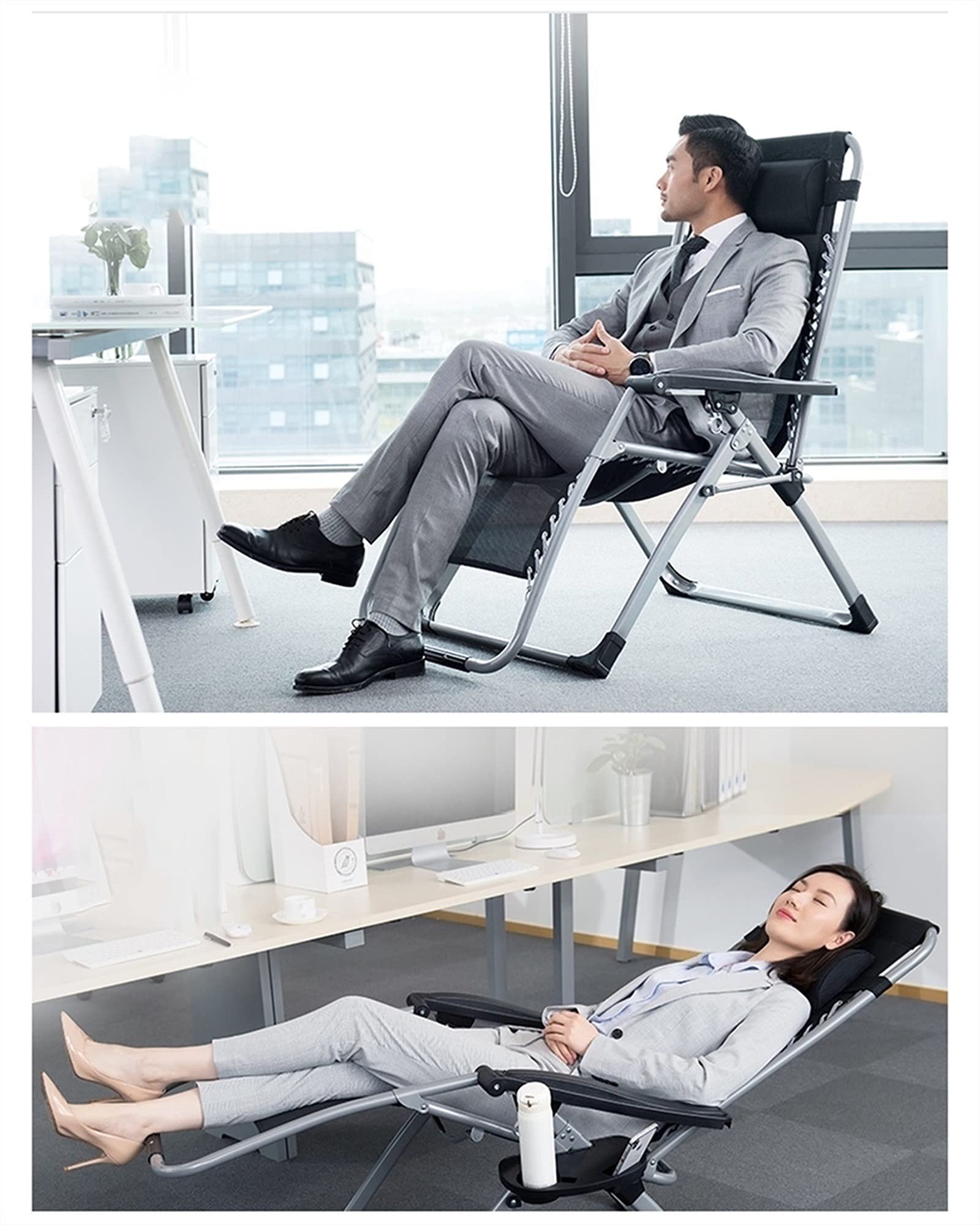 SdneNest - Juego de tumbonas plegables/sillas de jardín con soporte para vasos/cubierta plegable reclinable de gravedad cero para exteriores, silla de salón de malla con gravedad cero, color negro -