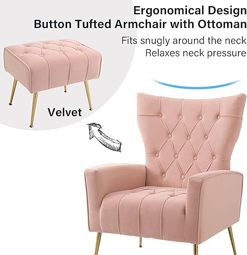 Miniatura 4 de ODUWA Silla decorativa de terciopelo con otomana, sillas decorativas modernas con reposabrazos y respaldo, silla capitoné con botones, sillón