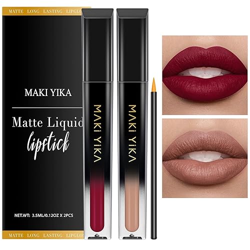 Vista 132 de MAKI YIKA Lápiz labial rojo oscuro para mujer, color permanece de larga duración, sin manchas, lápiz labial líquido mate, a prueba de transferencia