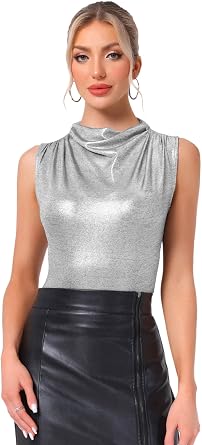 Allegra K Metallic Tank Top for Womens Shiny Party Sleeveless Cowl Neck Blouse
