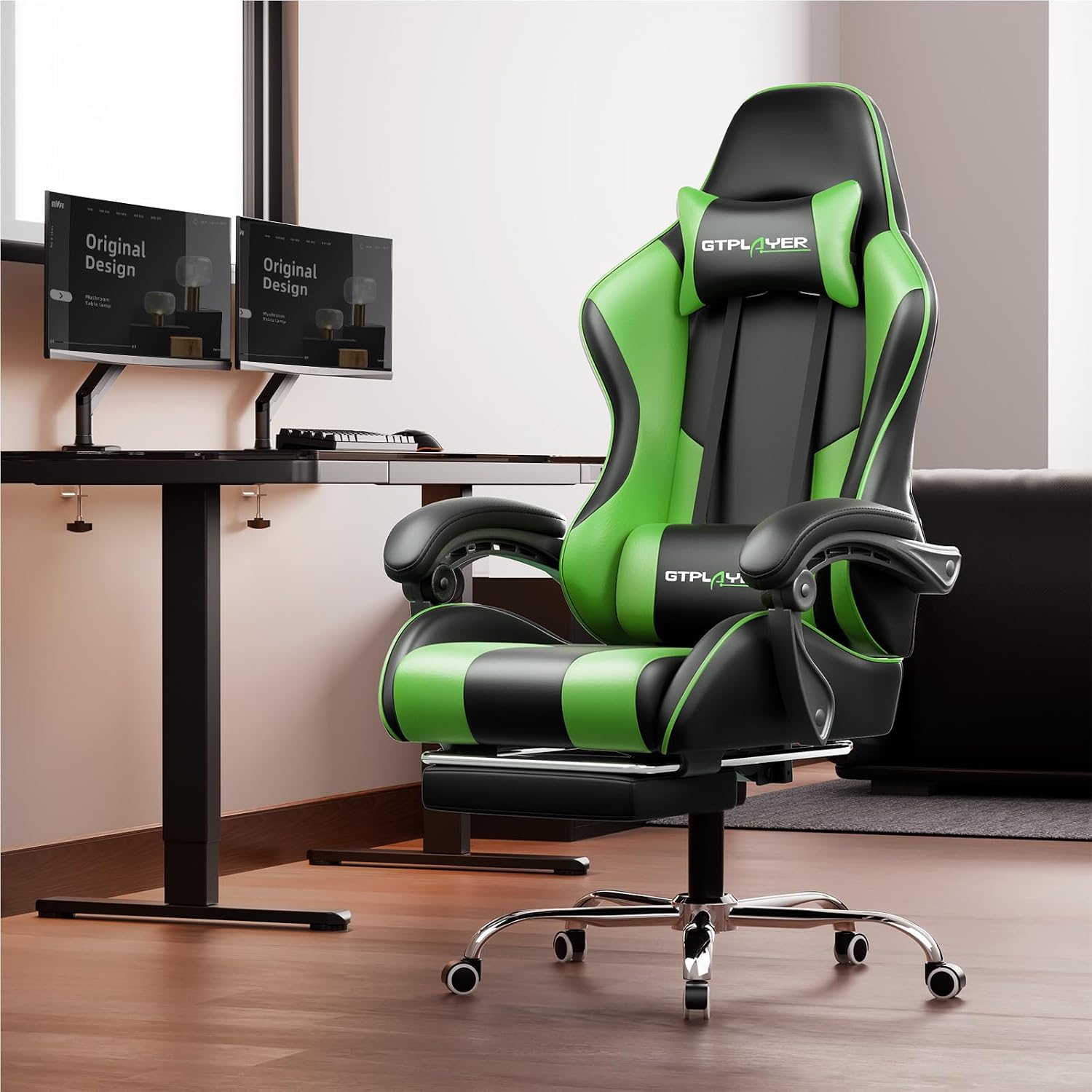 LUCKRACER Gaming Chair with Footrest and Massage Support Green