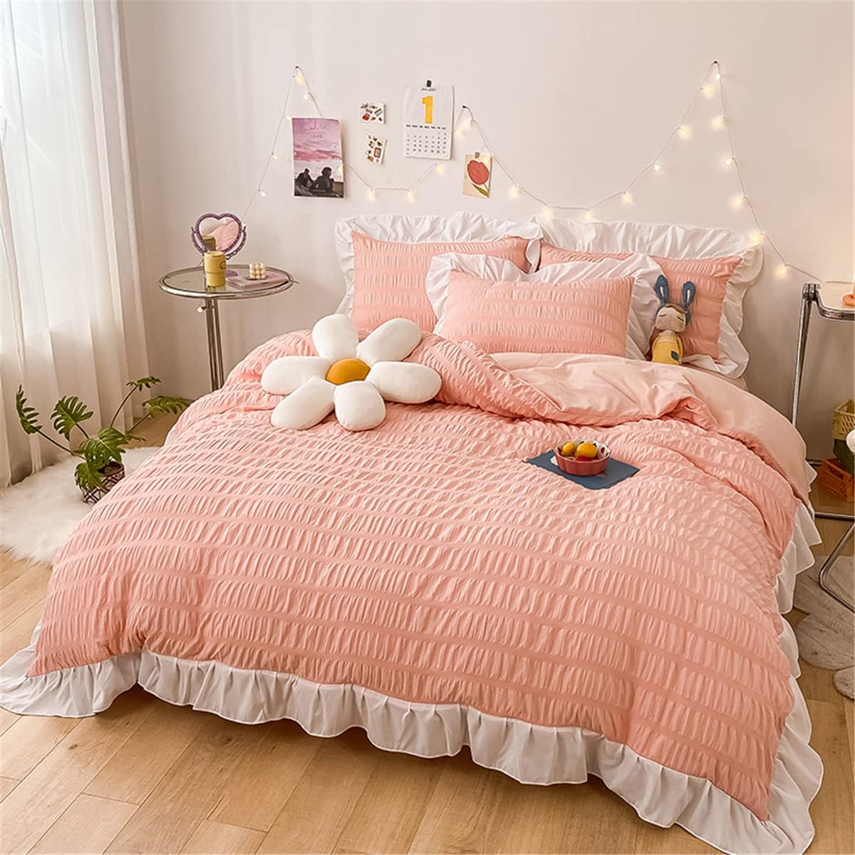 Girls Pink Ruffled Bedding-3 Pieces Queen Seersucker Duvet Cover Textured Stripe Style, Soft Lightweight, Washed Microfiber, Zipper Closure and Ties