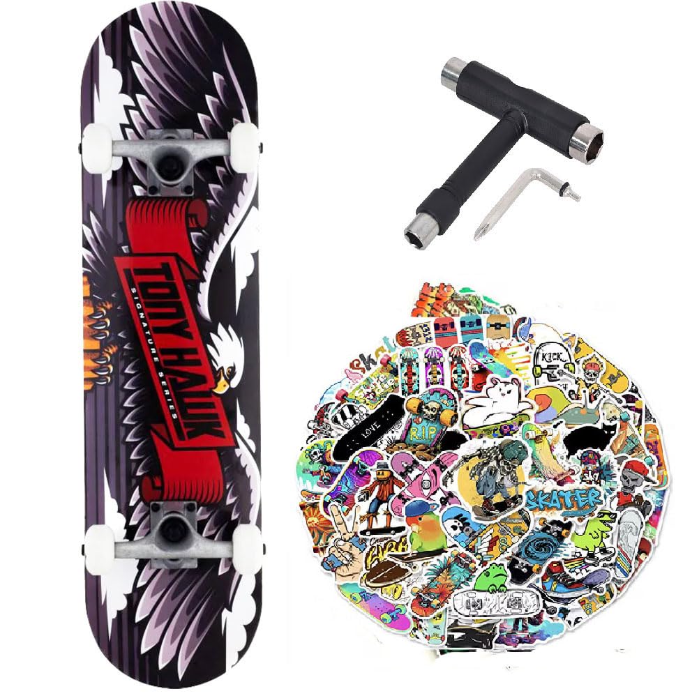 Skateboard complet Tony Hawk professionnel série débutant 8.0" + outil polyvalent + 50 autocollants brillants