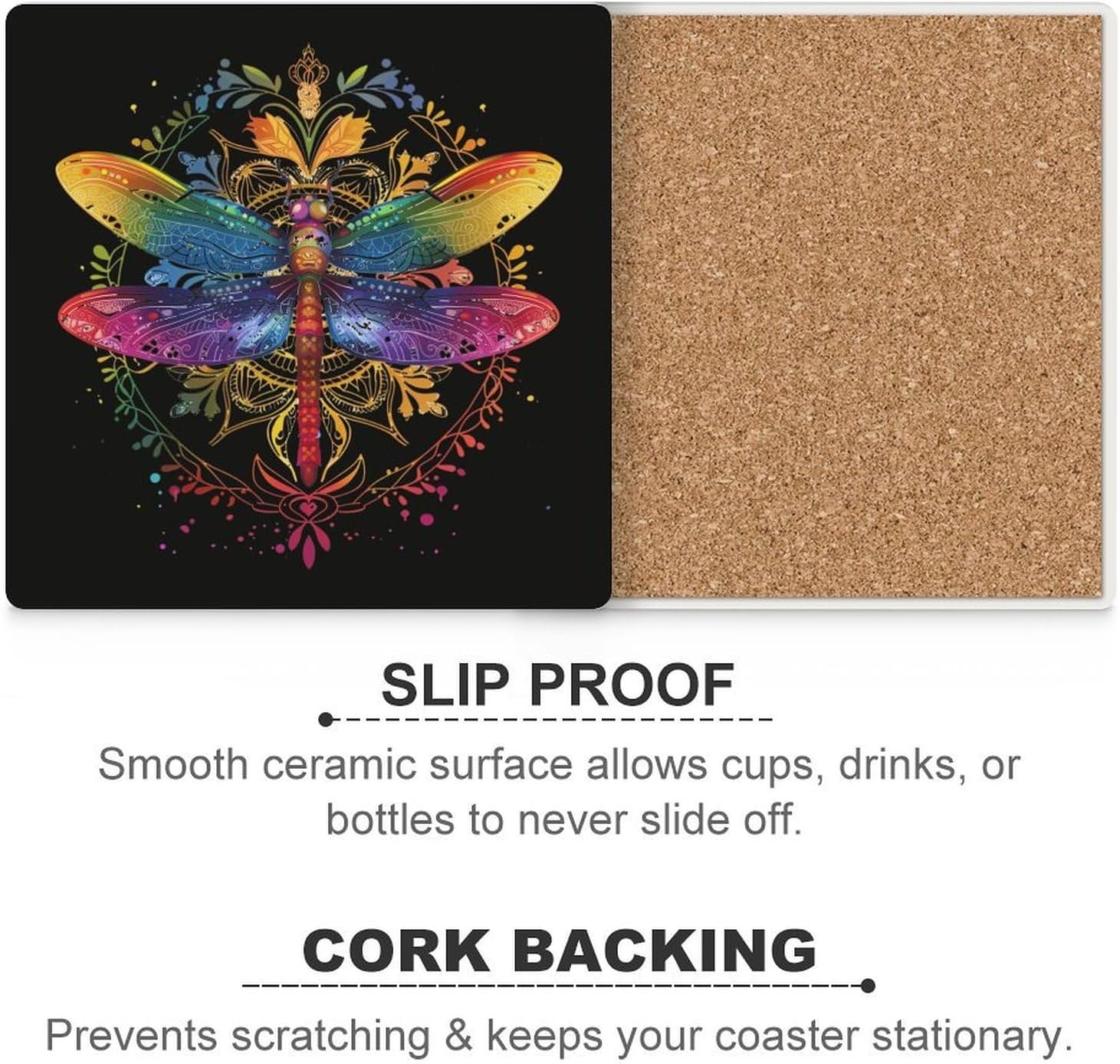 Mandala Dragonfly Chakra Dragonflies Coasters for Drinks Square Ceramic Coasters Cup Mats with Cork Base