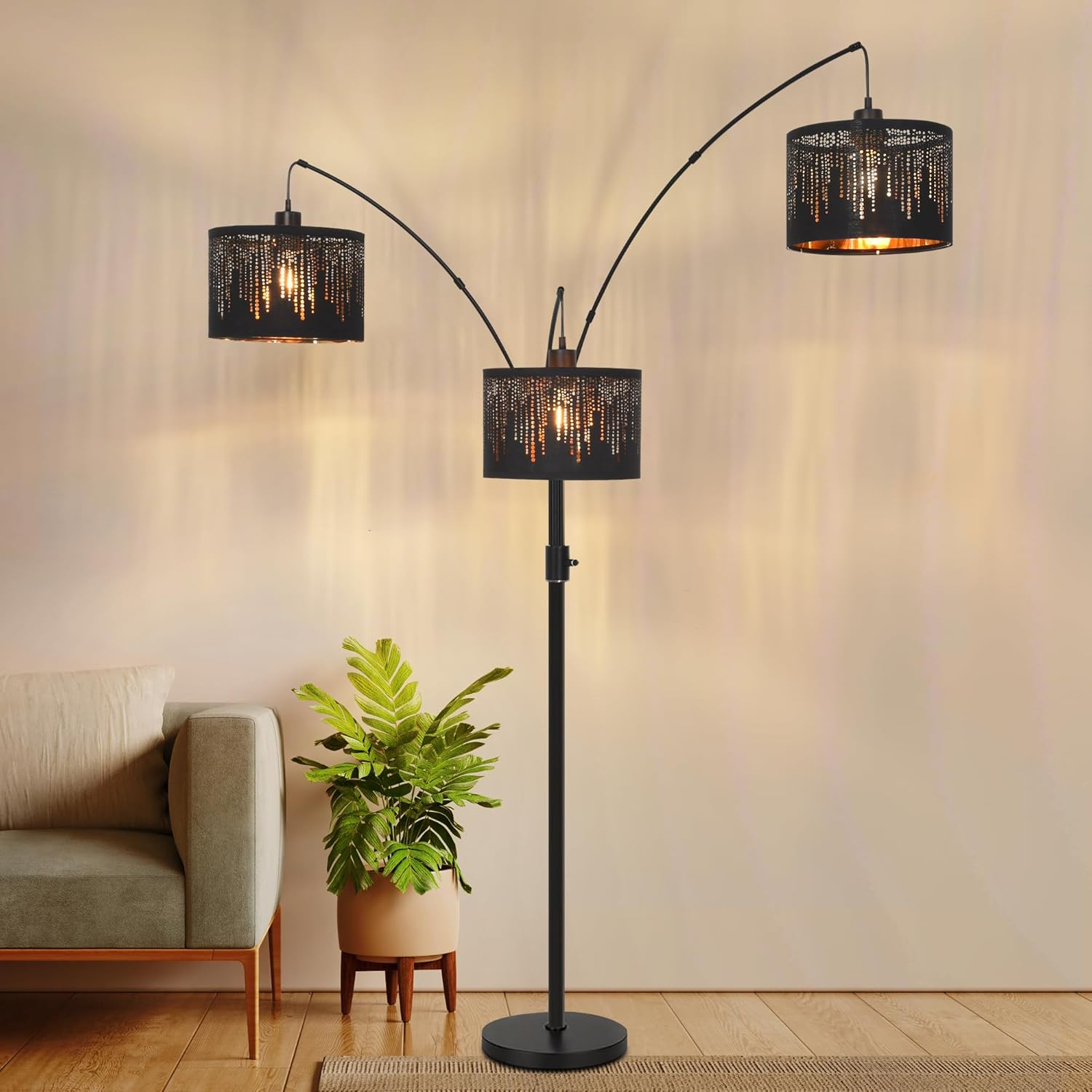 Dimmable Floor Lamp-3 Lights Arc Floor Lamps for Living Room,Modern Tall Standing Lamp With Black Drum Crystal Design Shades,Gothic Mid Century Tree Floor Lamp for Bedroom Corner,Bulbs Included